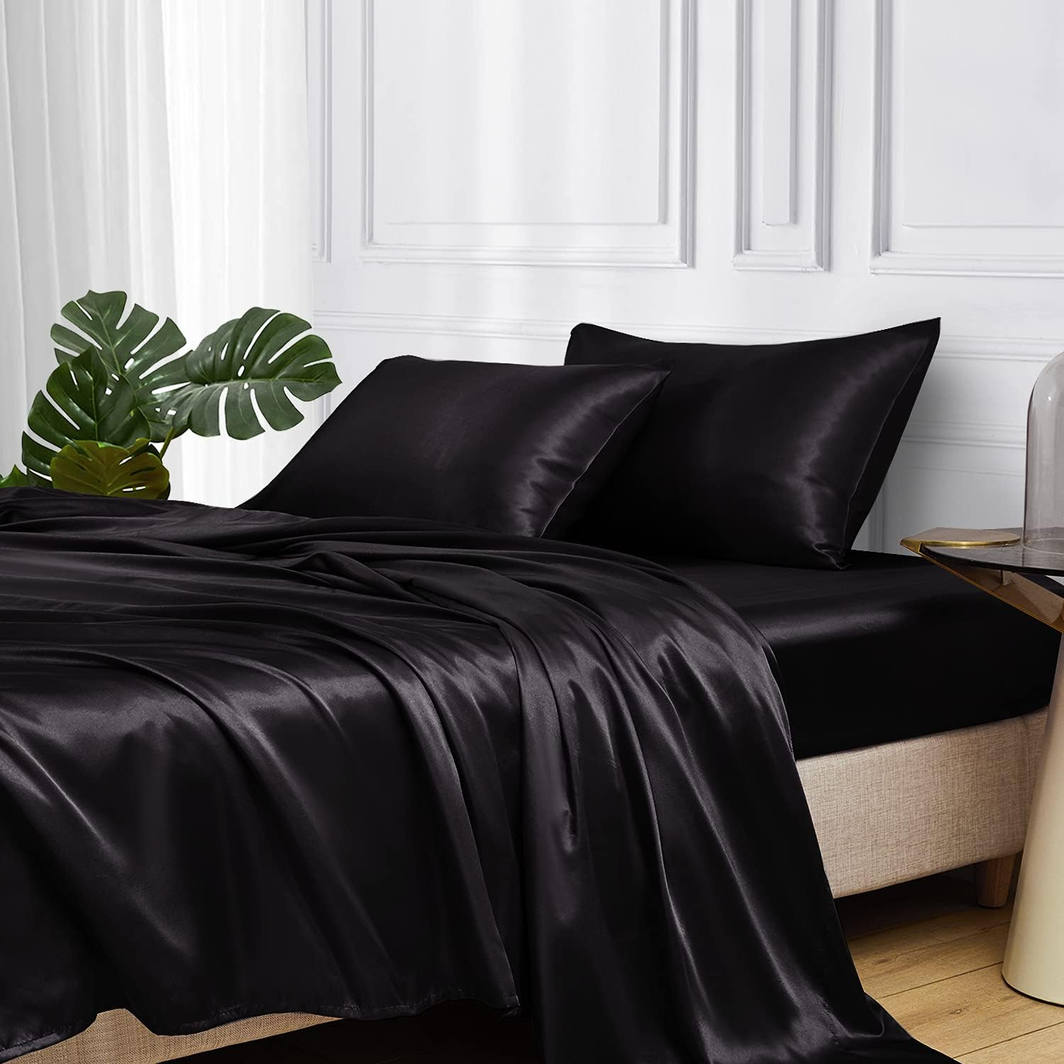 Mr&Hm Satin Bed Sheets, Queen Size Sheets Set, 4 Pcs Silky Bedding Set ... regarding Black Silk Bed Sheets Queen