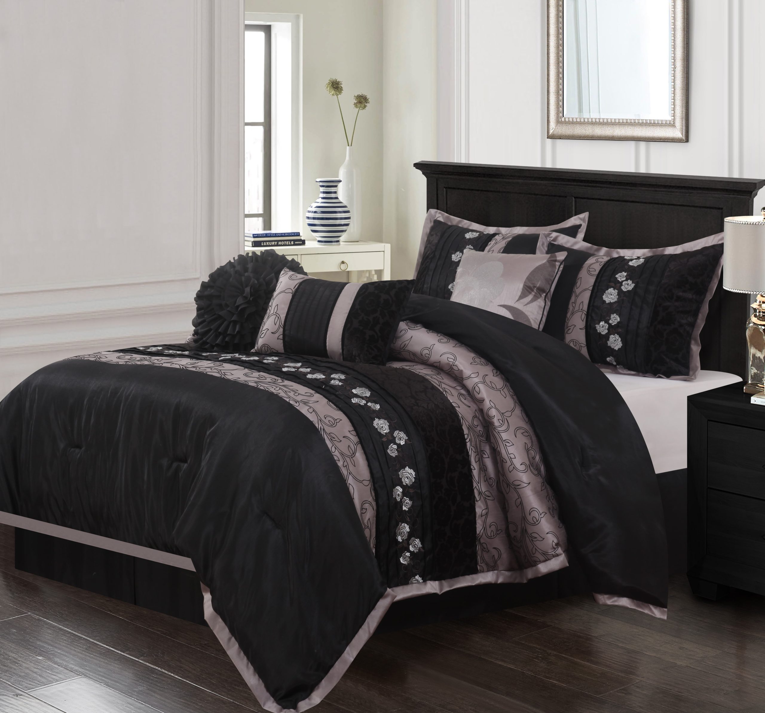Nanshing Riley 7-Piece Comforter Set, Black, Queen - Walmart.com inside Black Queen Size Bed Set