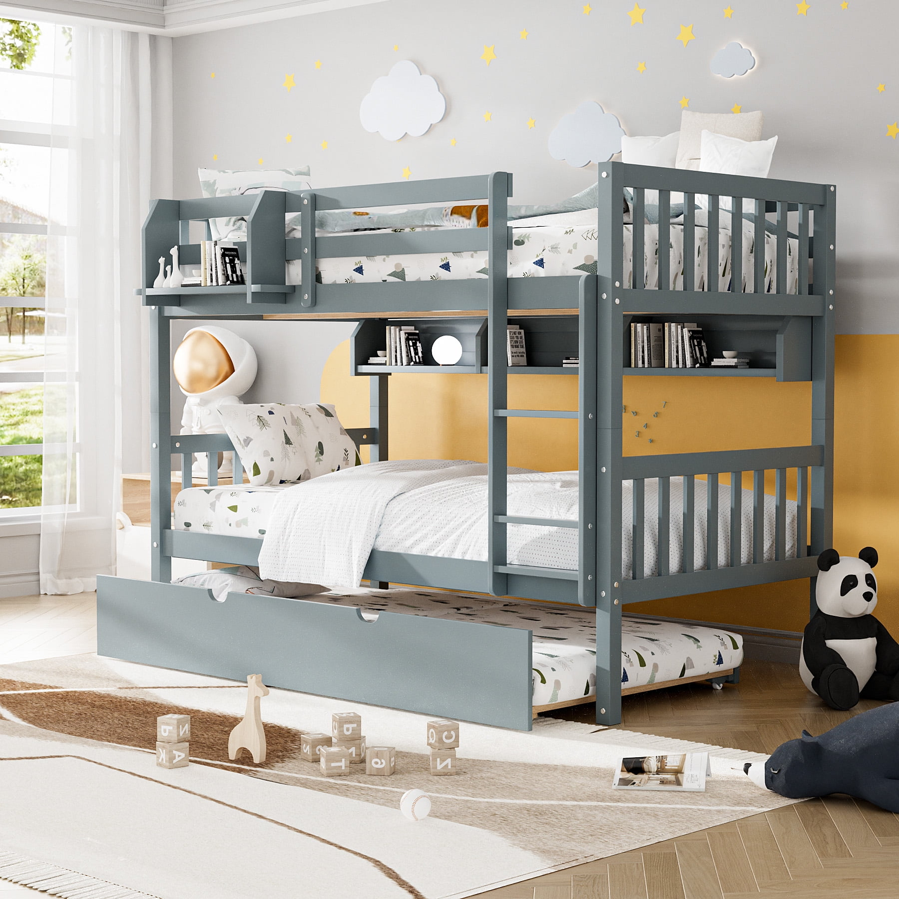 Ouyessir Wood Twin Over Twin Bunk Bed With Trundle And Built-In Shelves ... in Twin Bunk Bed With Trundle