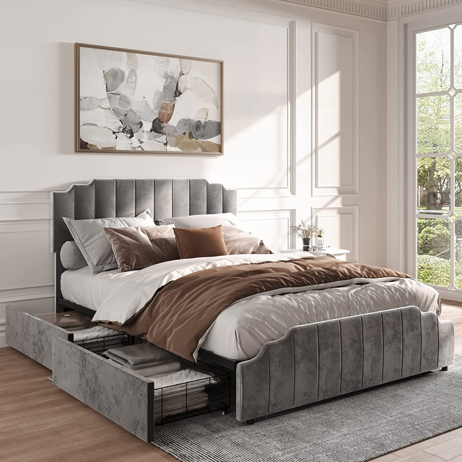Papajet Queen Platform Bed Frame With 4 Storage Drawers Curved ... with regard to Bed Frame With Adjustable Headboard