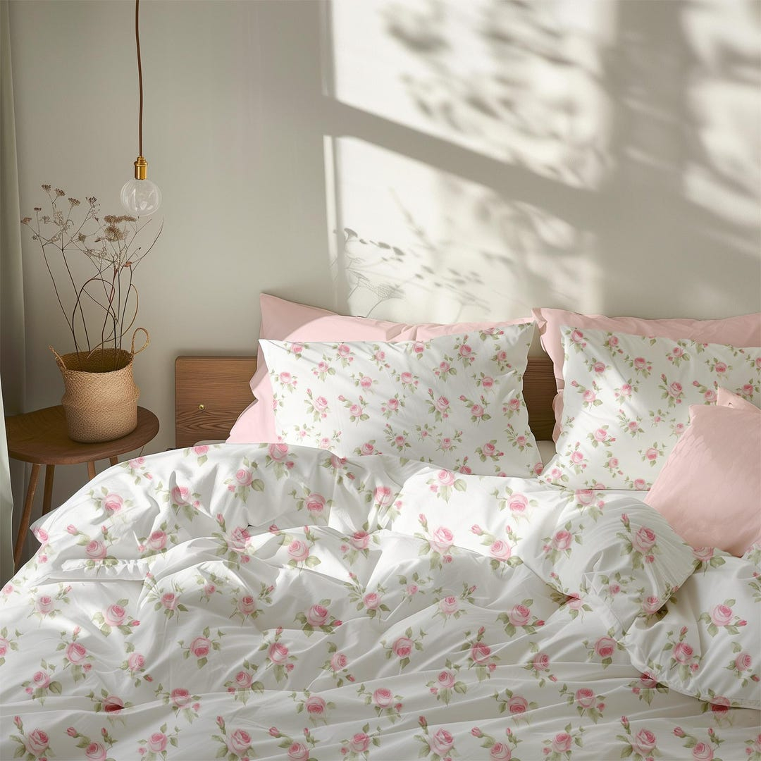 Pink Floral Bedding Set, Pink Rose Bedding Twin Bed, Dorm Bedding ... intended for Pink And White Bed Linen