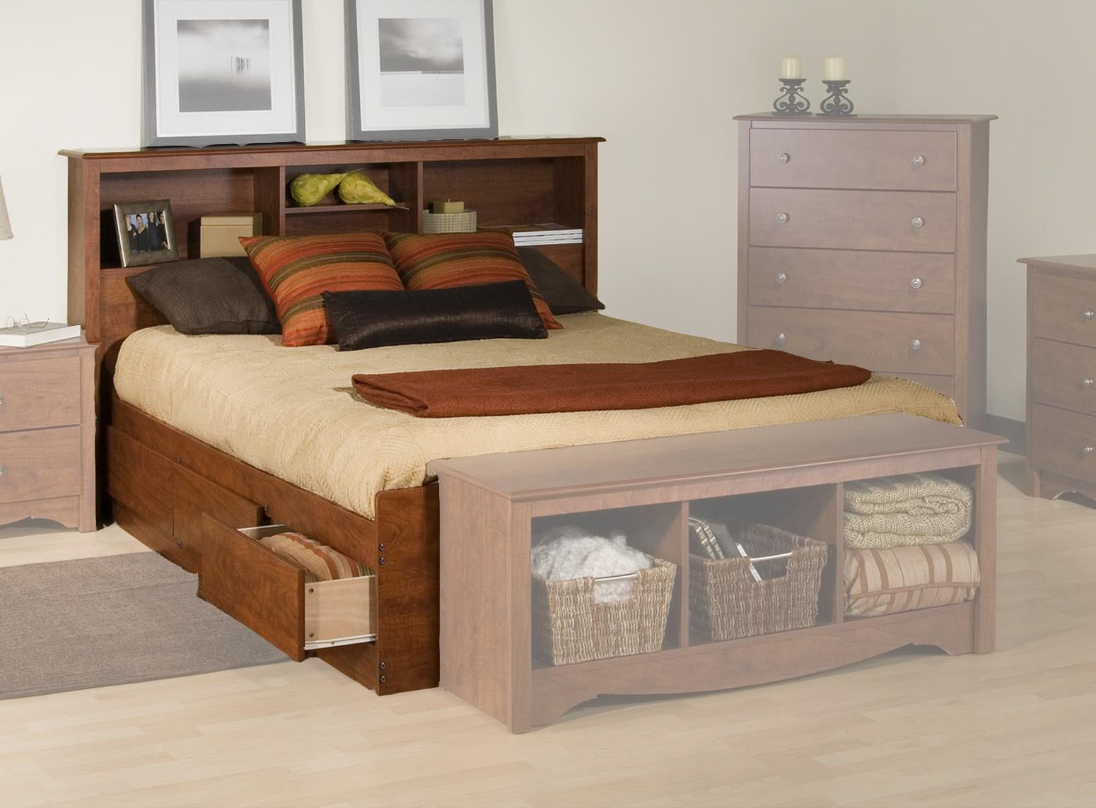 Platform Storage Bed W/ Bookcase Headboard-Bed Size:full,Color:cherry ... with regard to Smart Organization Solutions for Full Size Platform Bed Storage
