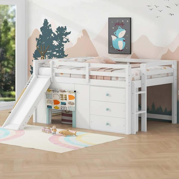 Polibi White Full Wood Loft Bed With Slide, Three Storage Drawers And ... intended for Creative storage ideas integrated into loft bed slide designs for kids