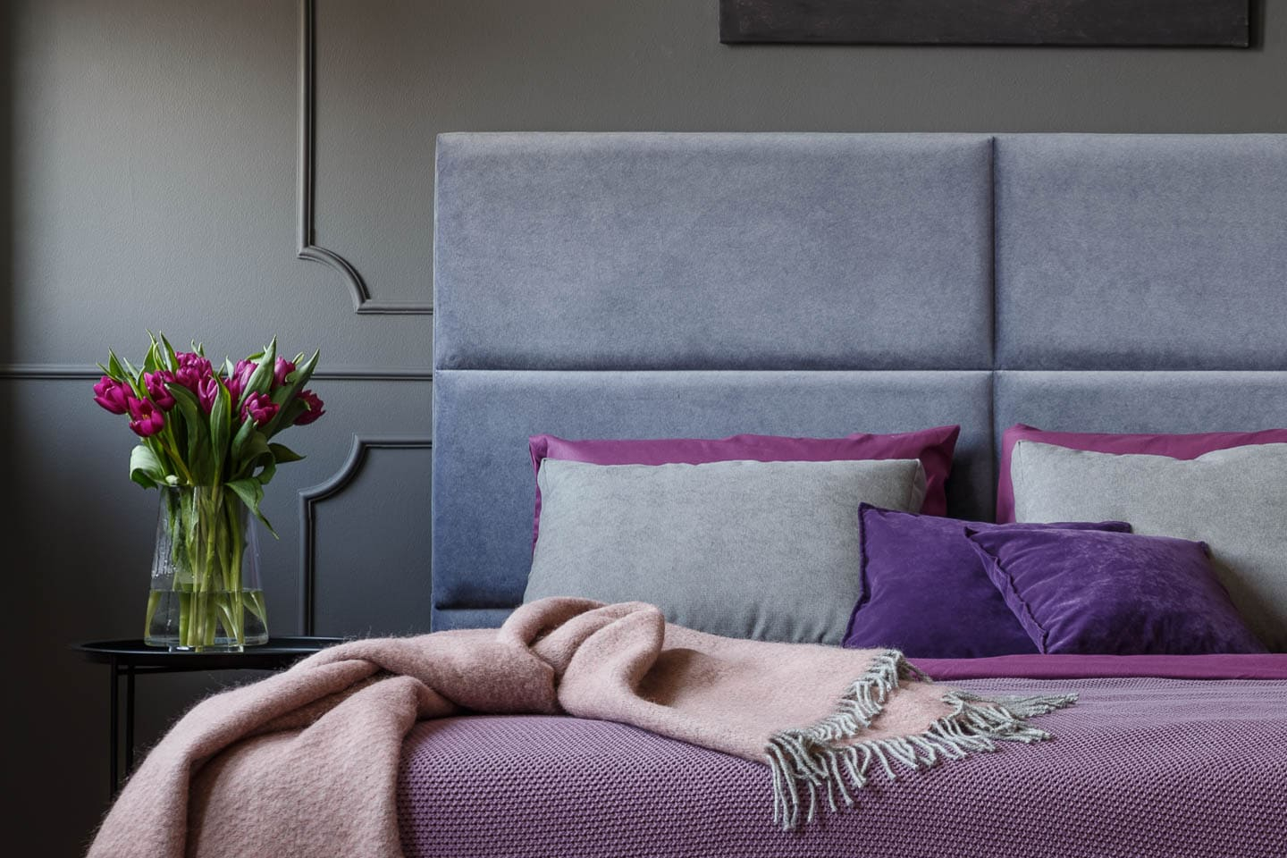 Purple Grey Bedroom Decorating Ideas | Shelly Lighting with Understanding texture and lighting in modern purple and grey bedroom design
