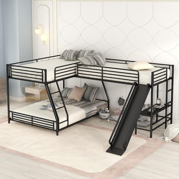 Qualler Black L-Shaped Twin Over Full Bunk Bed With Twin Loft Bed, Desk ... within Designing Efficient Living Spaces That Combine Sleep and Work Areas