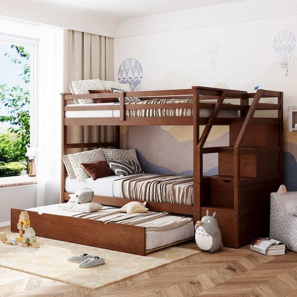Qualler Walnut Twin Over Twin Bunk Bed With Twin Size Trundle And 3 ... within Twin Over Twin Bunk Bed With Stairs