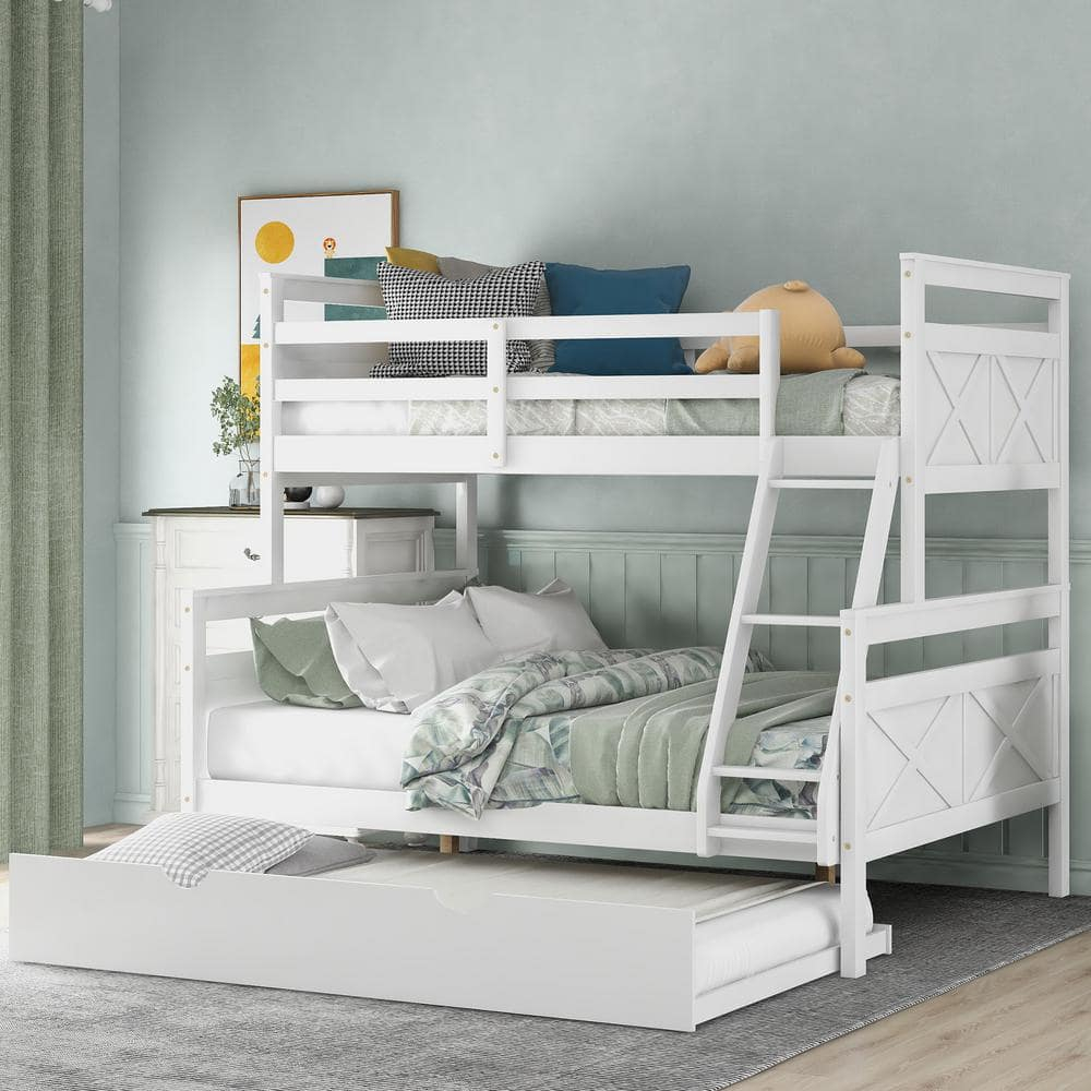 Qualler White Twin Over Full Bunk Bed With Twin Size Trundle And Safety ... within Making the Most of Your Twin Over Full Trundle Bed Configuration