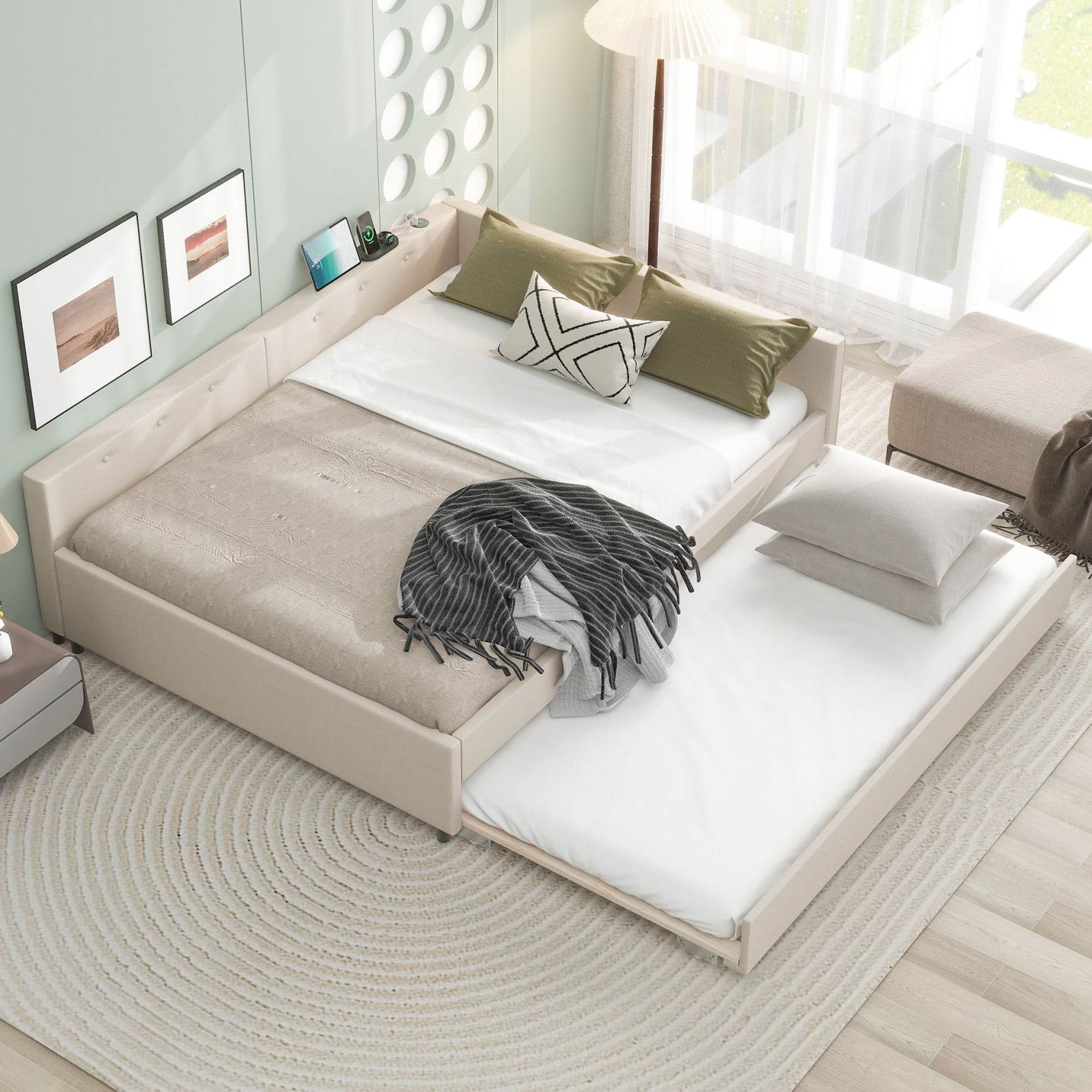 Queen Size Upholstered Platform Bed With Usb And Twin Size Trundle, Bed ... within Understanding the essential measurements for choosing the right trundle bed