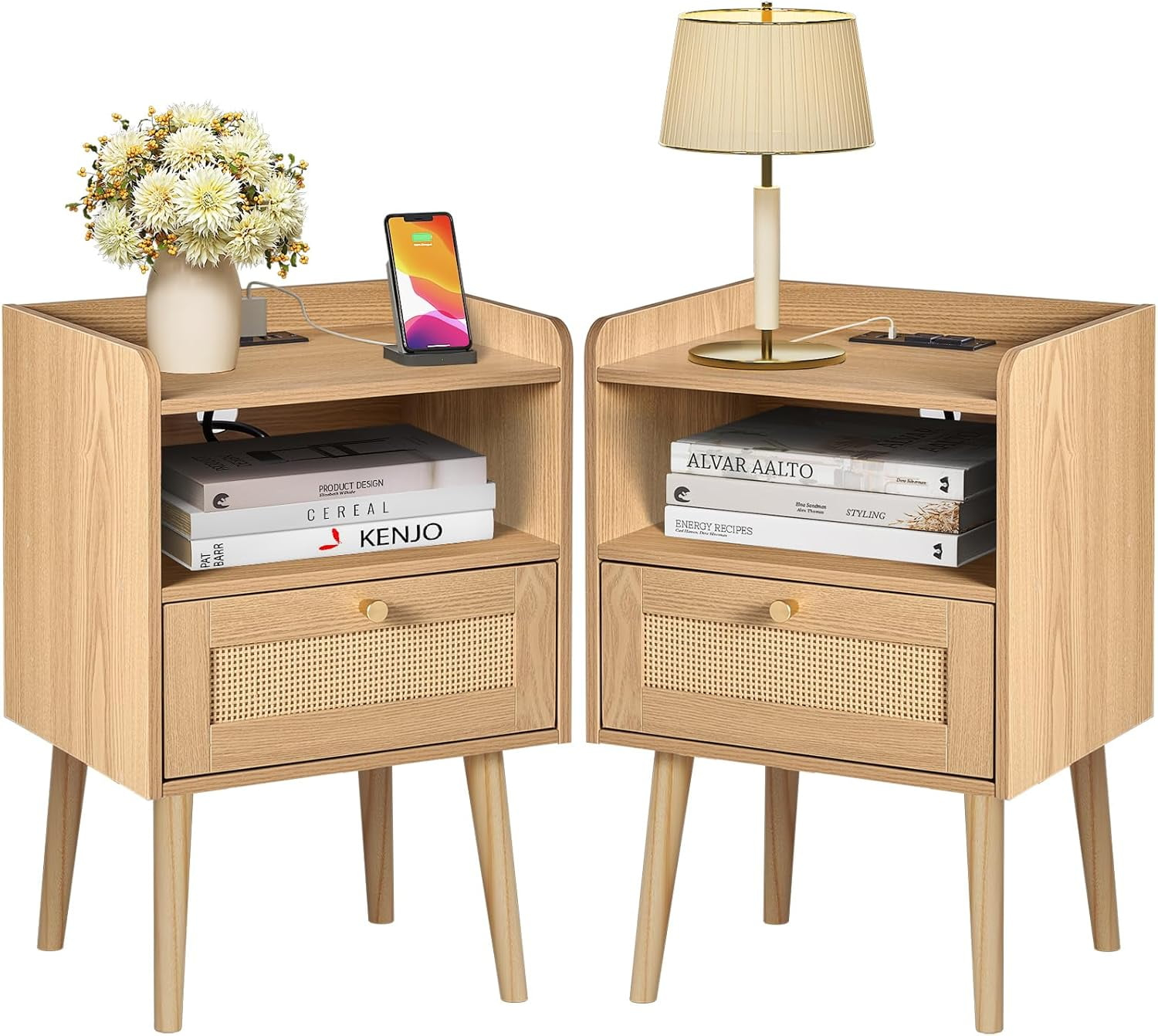Rattan Nightstand With Charging Station, Mid Century Modern Bed Side ... regarding Mid Century Modern Bed Side Table