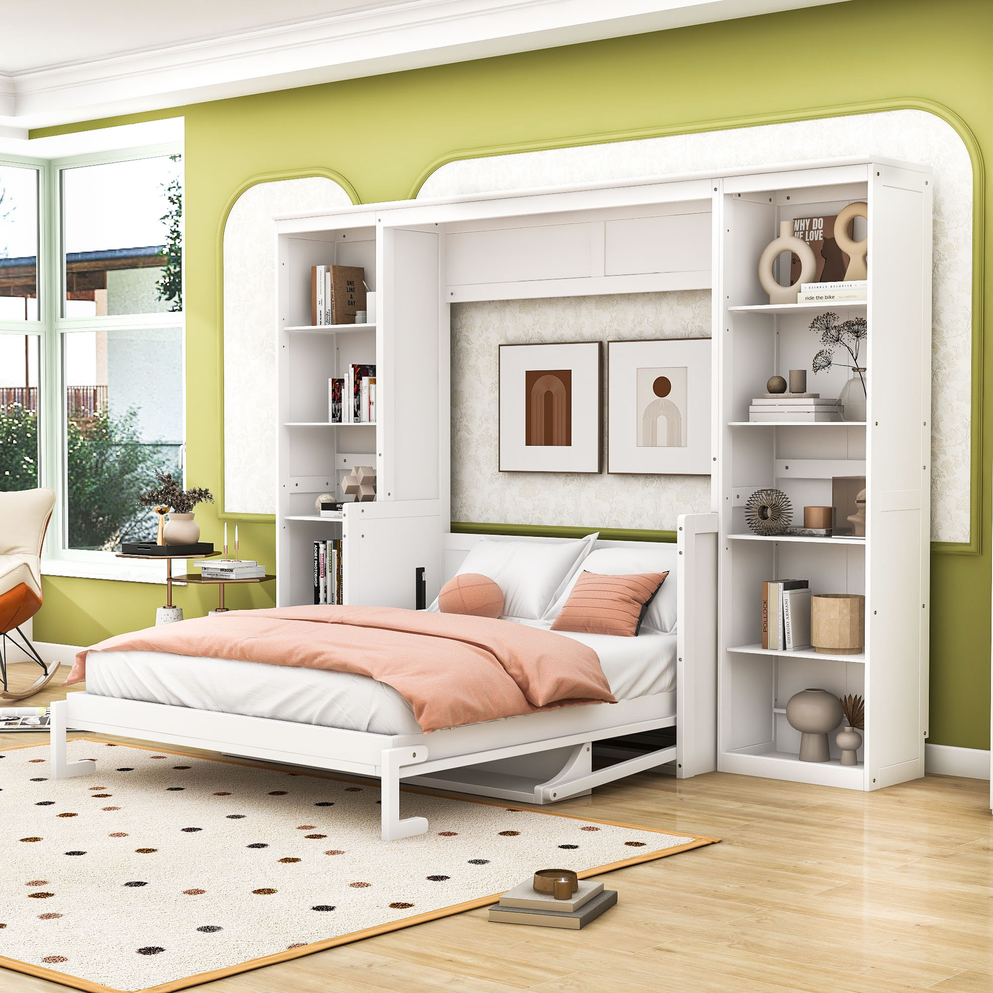 Red Barrel Studio® Wood Murphy Bed With Built-In-Desk And Shelves | Wayfair in Murphy Bed With Built In Desk