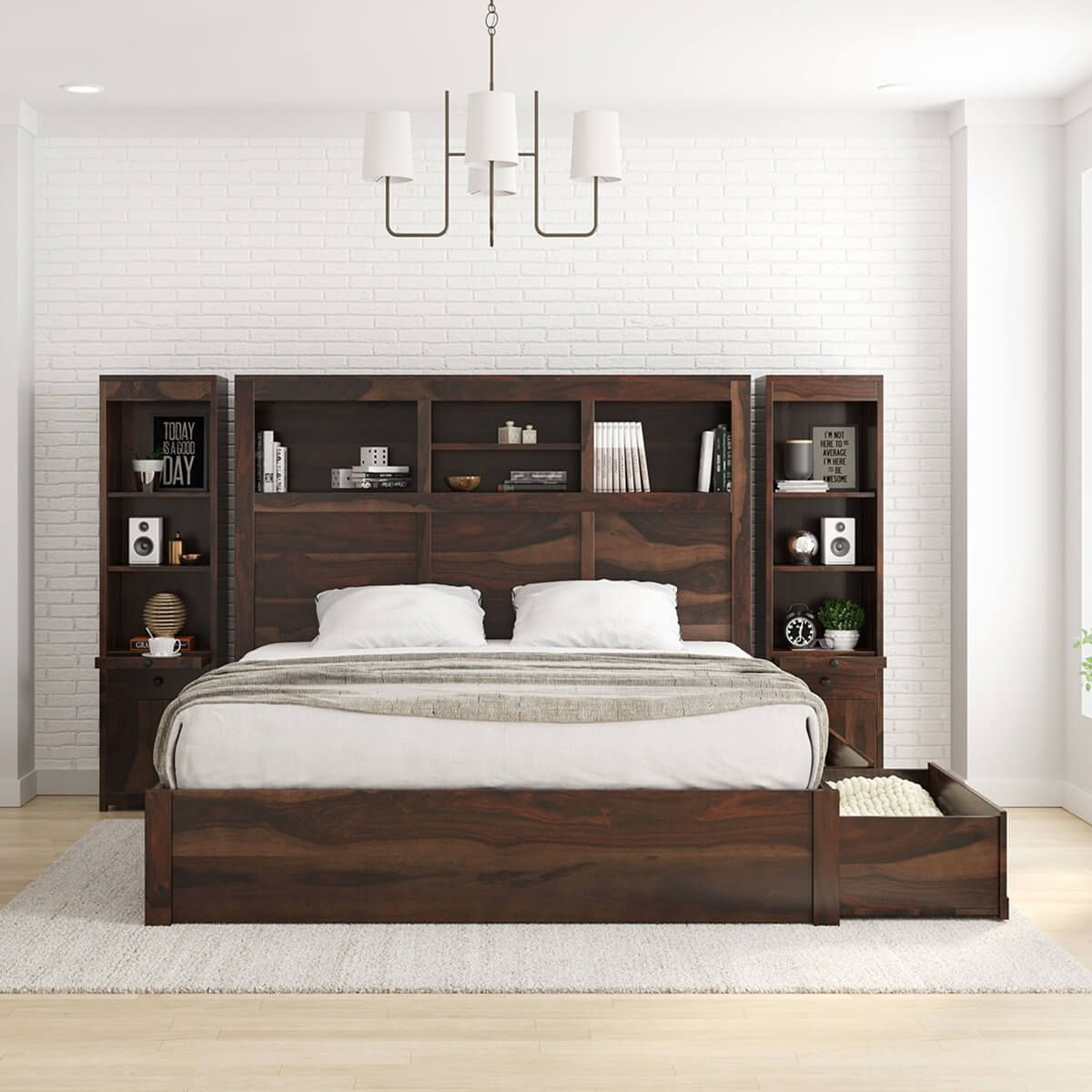 Rustic Solid Wood Platform Beds Frame King Queen Full Wooden Tall Beds ... pertaining to How solid wood construction enhances sleep quality in king size beds with storage