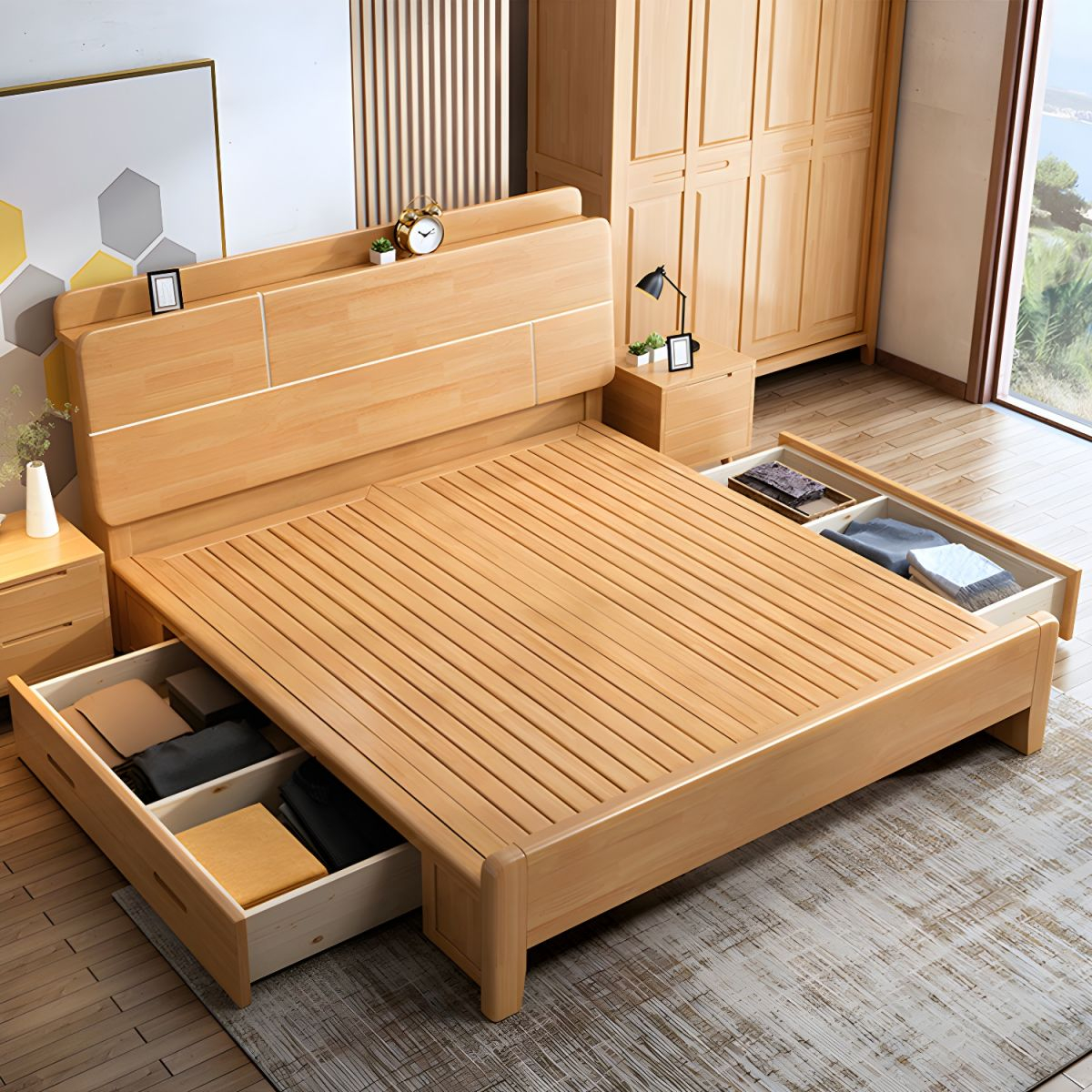 Scandinavian Solid Wood Bed With Headboard 39.37" Tall Standard Bed ... for Solid Wood King Bed Frame With Storage