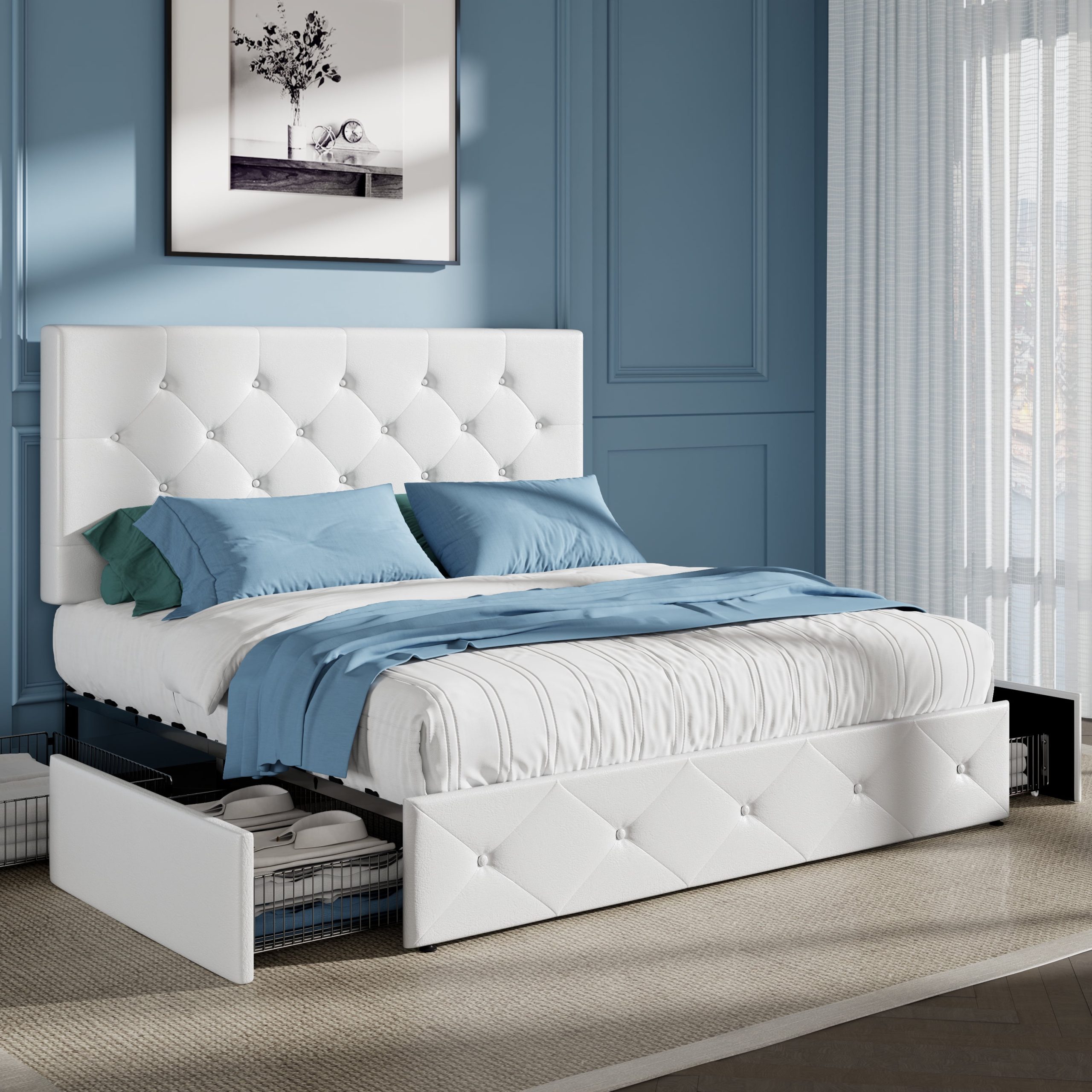 Sha Cerlin White Queen Size Leather Platform Bed Frame With 4 Storage ... for White Bed Frame For Queen