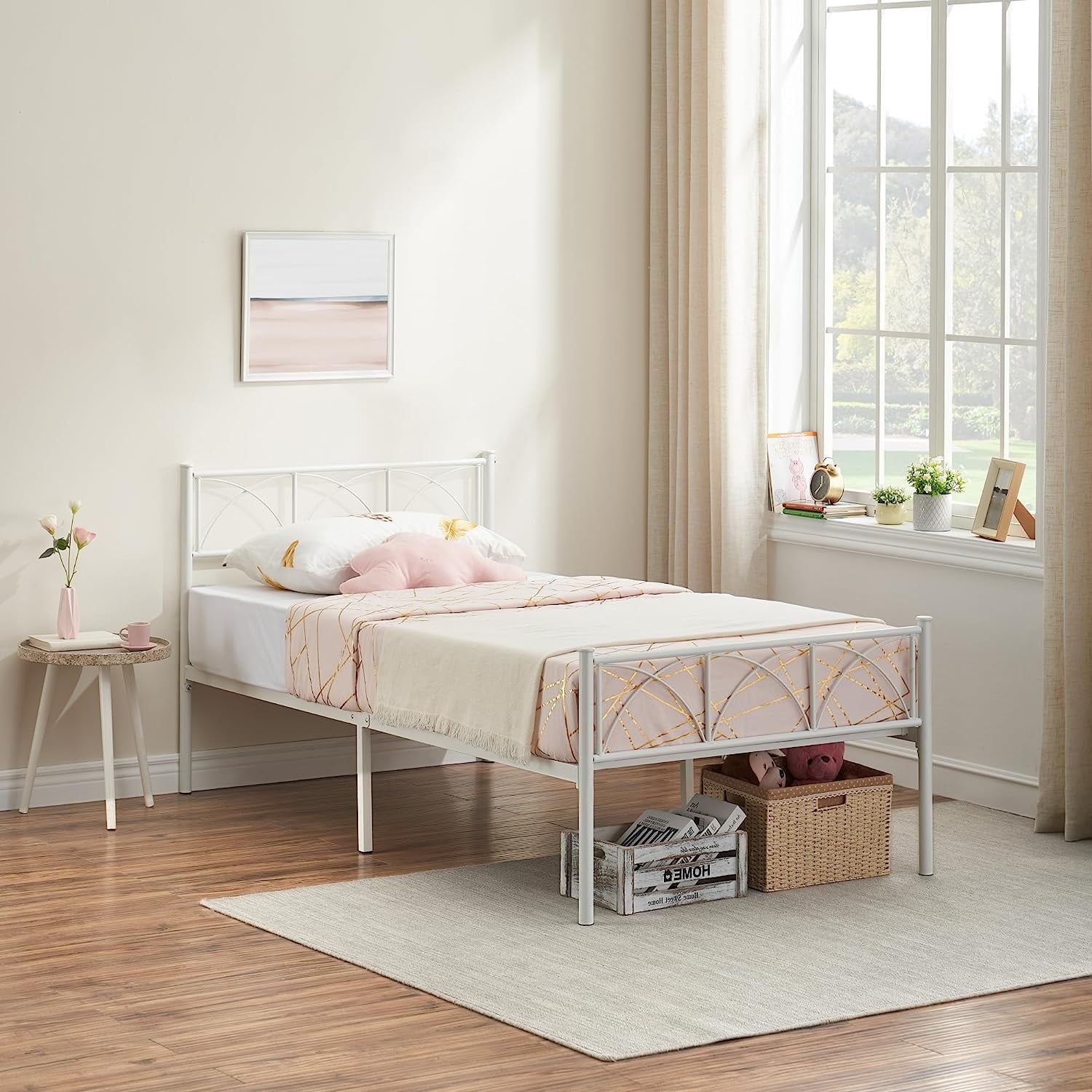 Shininglove White Twin Size Metal Bed Frame With Headboard And ... within Size Of Twin Metal Bed Frame