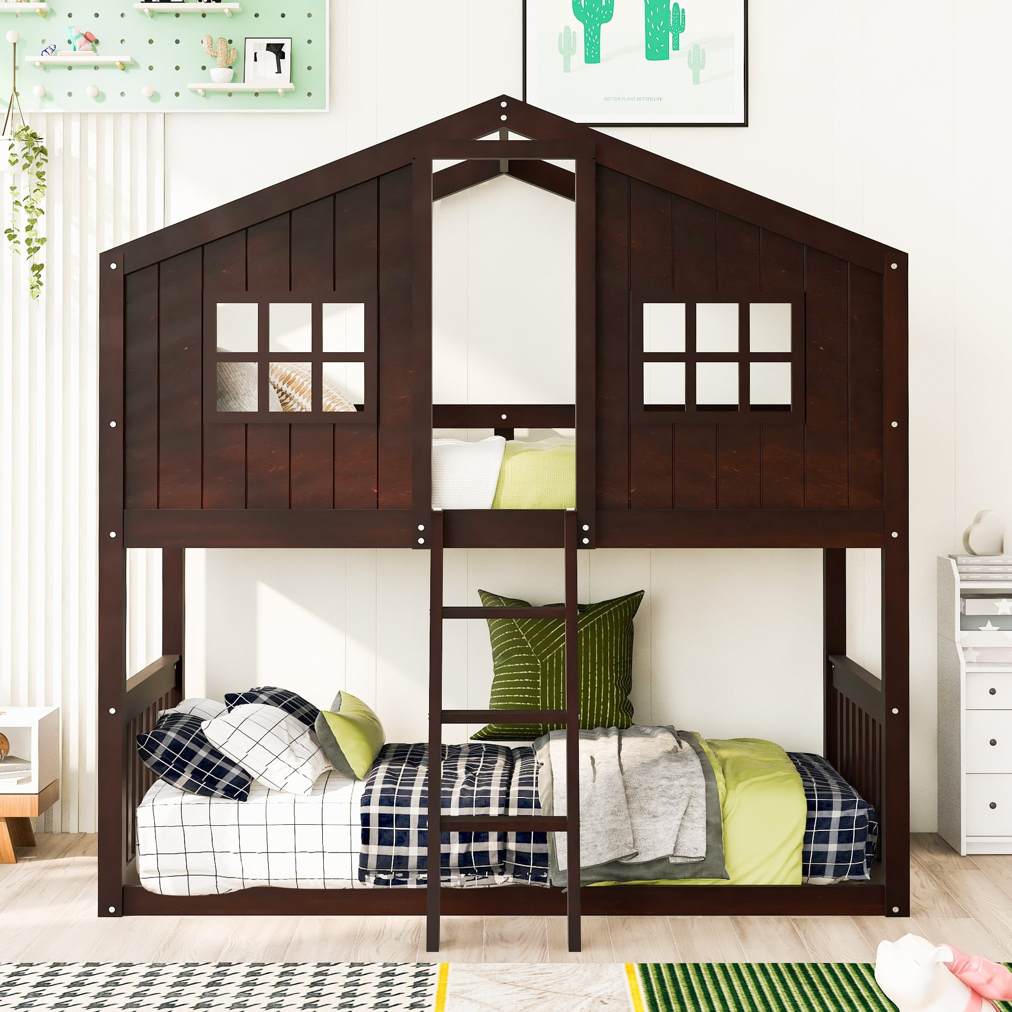 Talemoho Twin Over Twin Wood Bed House Bunk Bed For Kids Bedroom With ... inside Understanding the Anatomy of Twin Over Twin Wood Bunk Beds