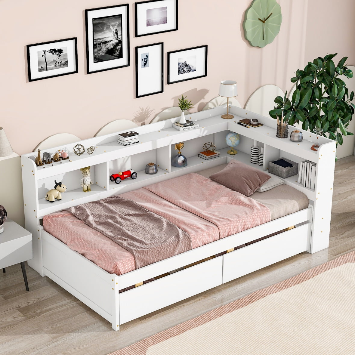 Twin Bed With L-Shaped Bookcases & 2 Storage Drawers, Storage Bed Day ... inside Twin Bed With Bookcase And Storage
