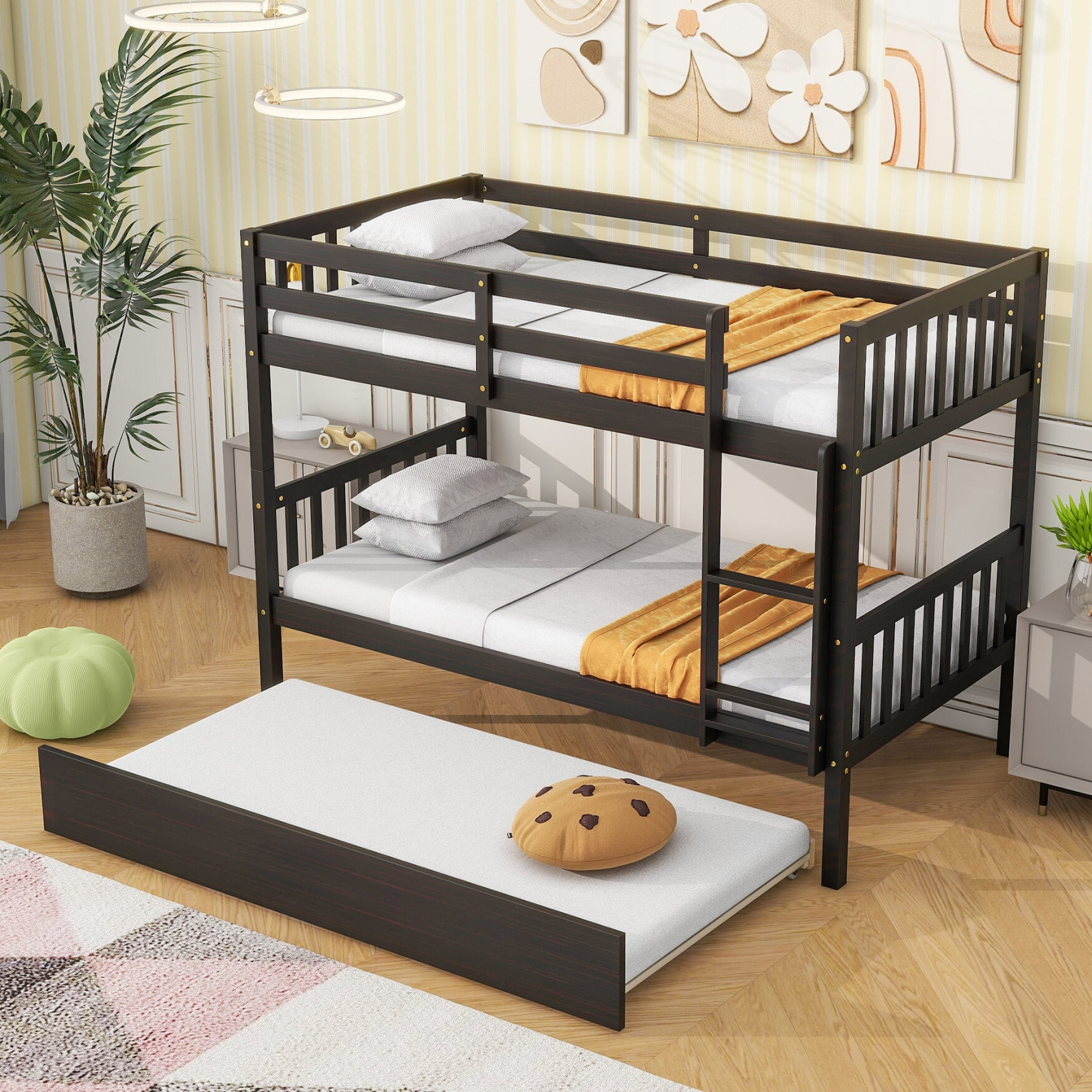 Twin Over Twin Bunk Bed With Pull-Out Trundle, Wood Detachable Beds ... inside Bunk Bed Pull Out Bed