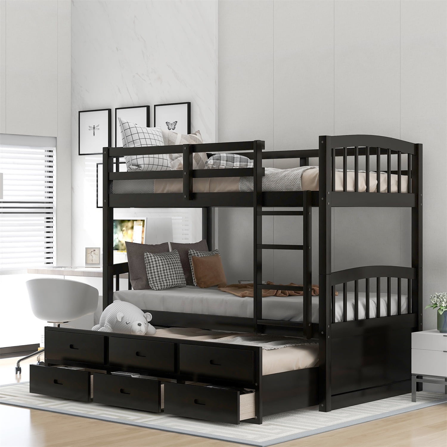 Twin Over Twin Bunk Bed With Trundle And 3 Storage Drawers, Wooden Bunk ... regarding Understanding the Benefits of Twin Loft Bed with Trundle for Small Spaces