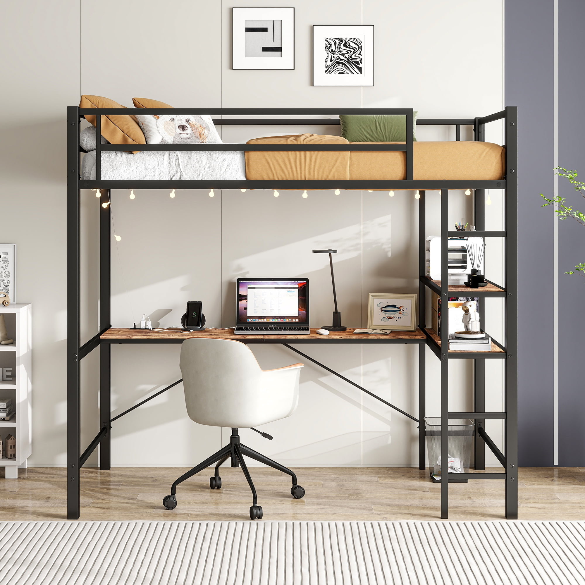 Twin Size Loft Bed With L Shaped Desk And Shelves, Loft Bed With Safety ... with regard to Designing Efficient Multi-Purpose Bedroom Layouts