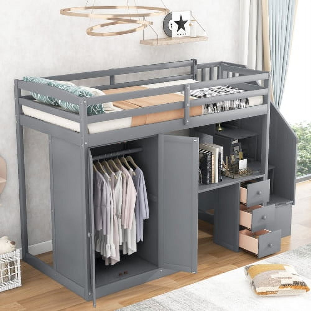 Twin Size Loft Bed,Solid Wood Loft Bed Frame With Wardrobe And ... in Loft Bed With Storage Drawers