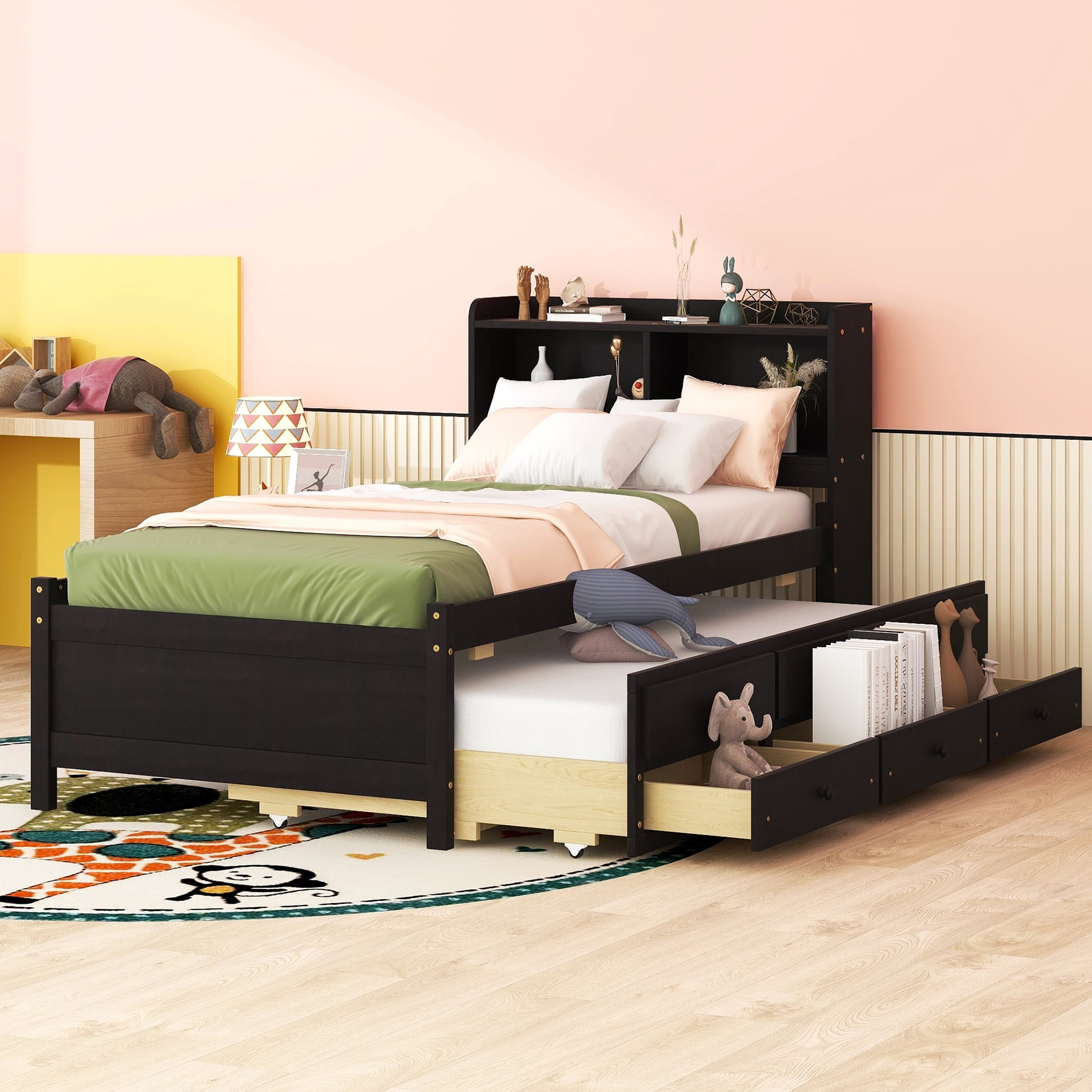 Twin Size Platform Bed With Twin Trundle And 3 Drawers, Wooden Twin ... intended for Platform Twin Bed With Storage