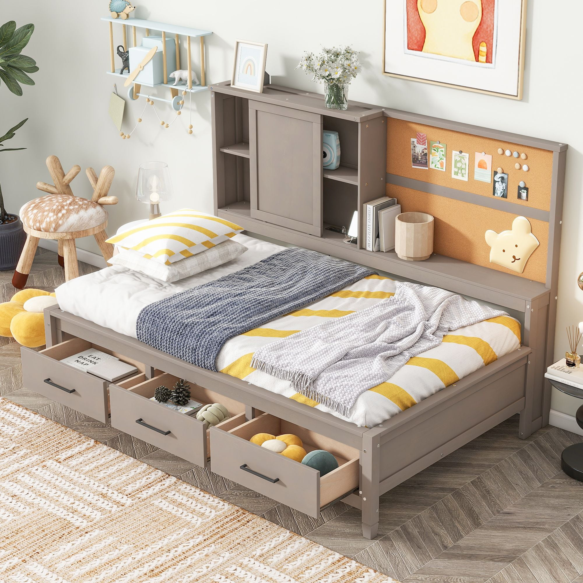 Twin Size Solid Wood Bed Frame With Storage Shelves, Cork Board, Usb ... pertaining to Wood twin bed with storage vs traditional beds explained