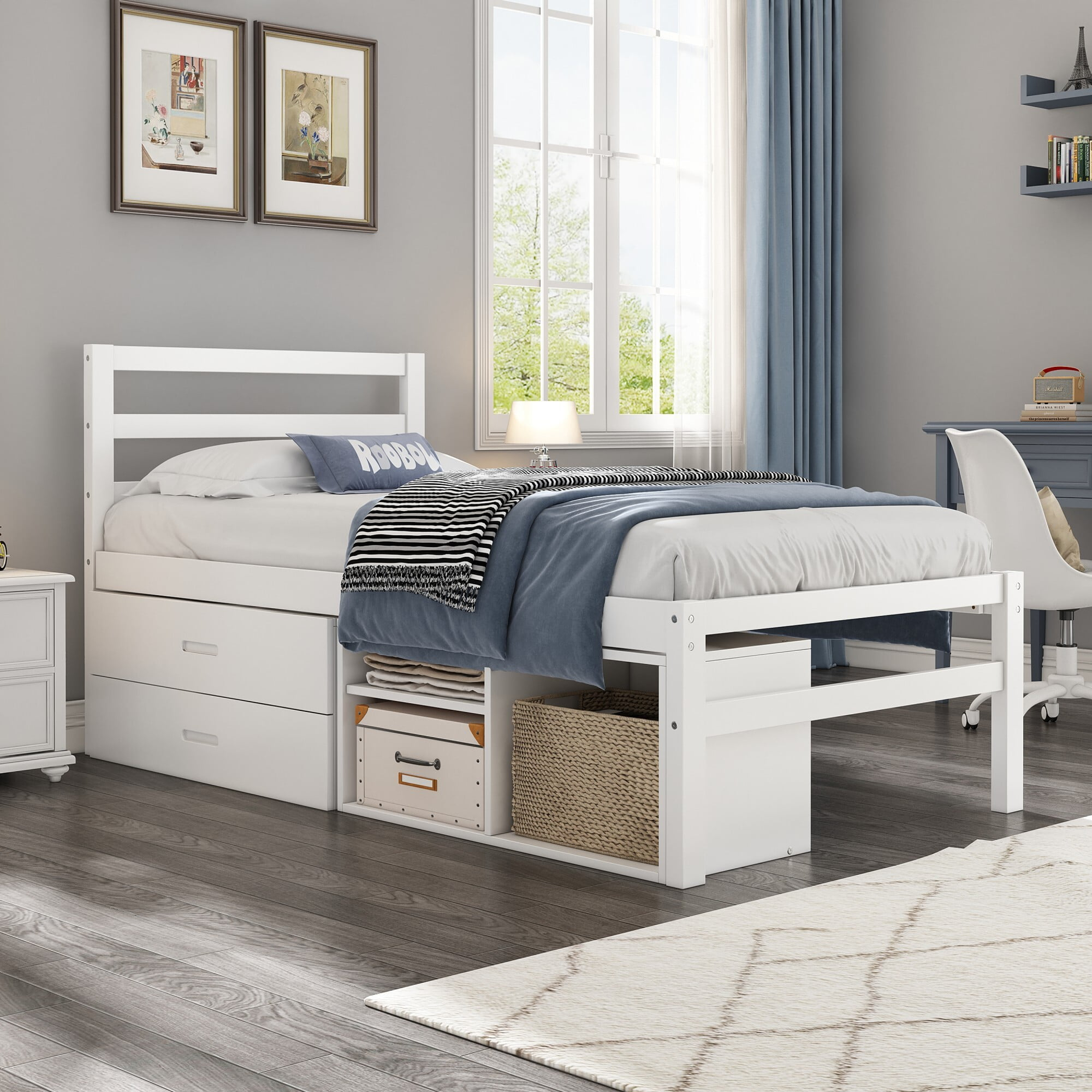 Twin Size Wood Platform Bed With Removable Storage Shelves, Built-In ... inside Twin Bed With Storage And Bookshelf