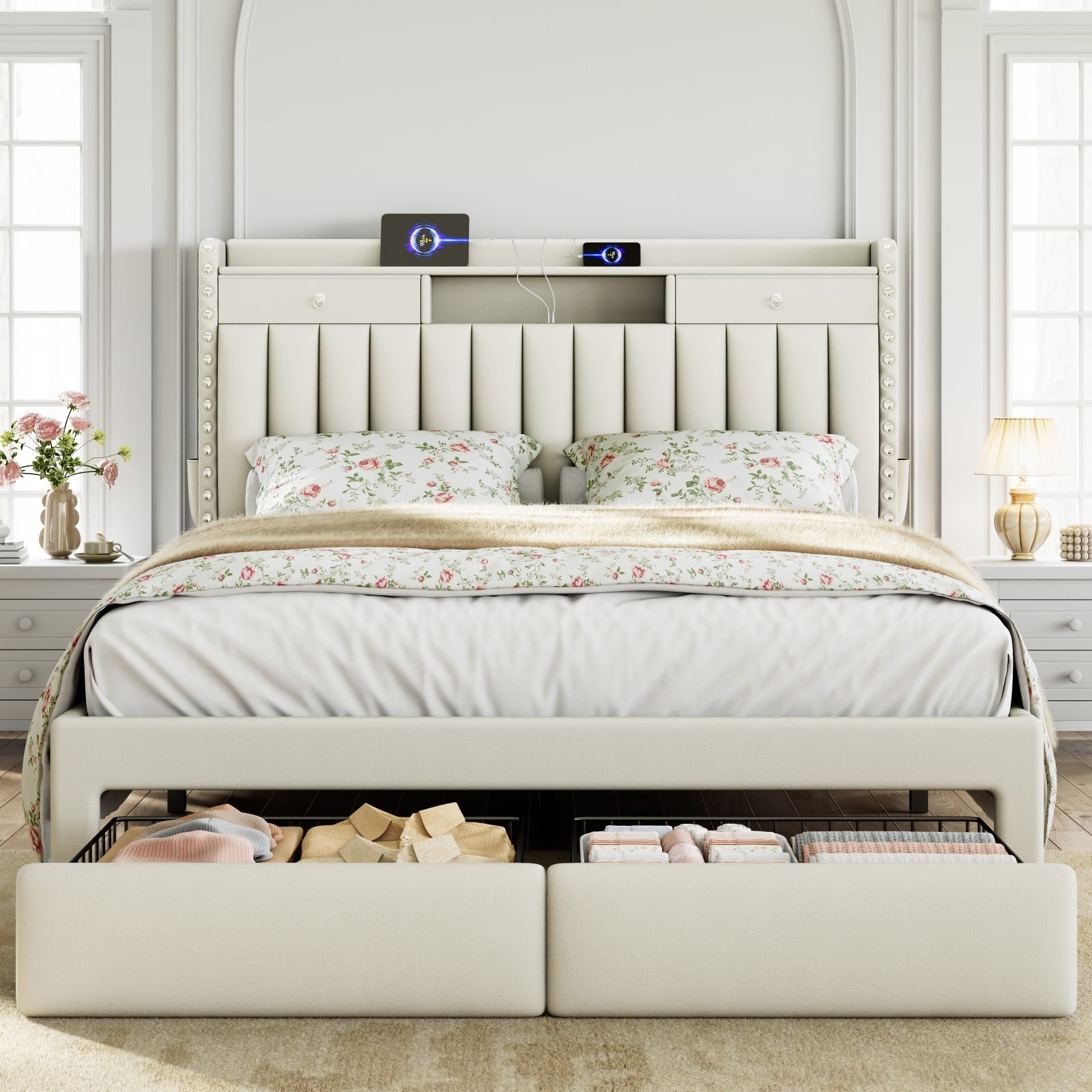 Upholstered Platform Bed Frame With Storage Headboard, Usb & Type-C ... inside Platform Bed Frame Storage Queen