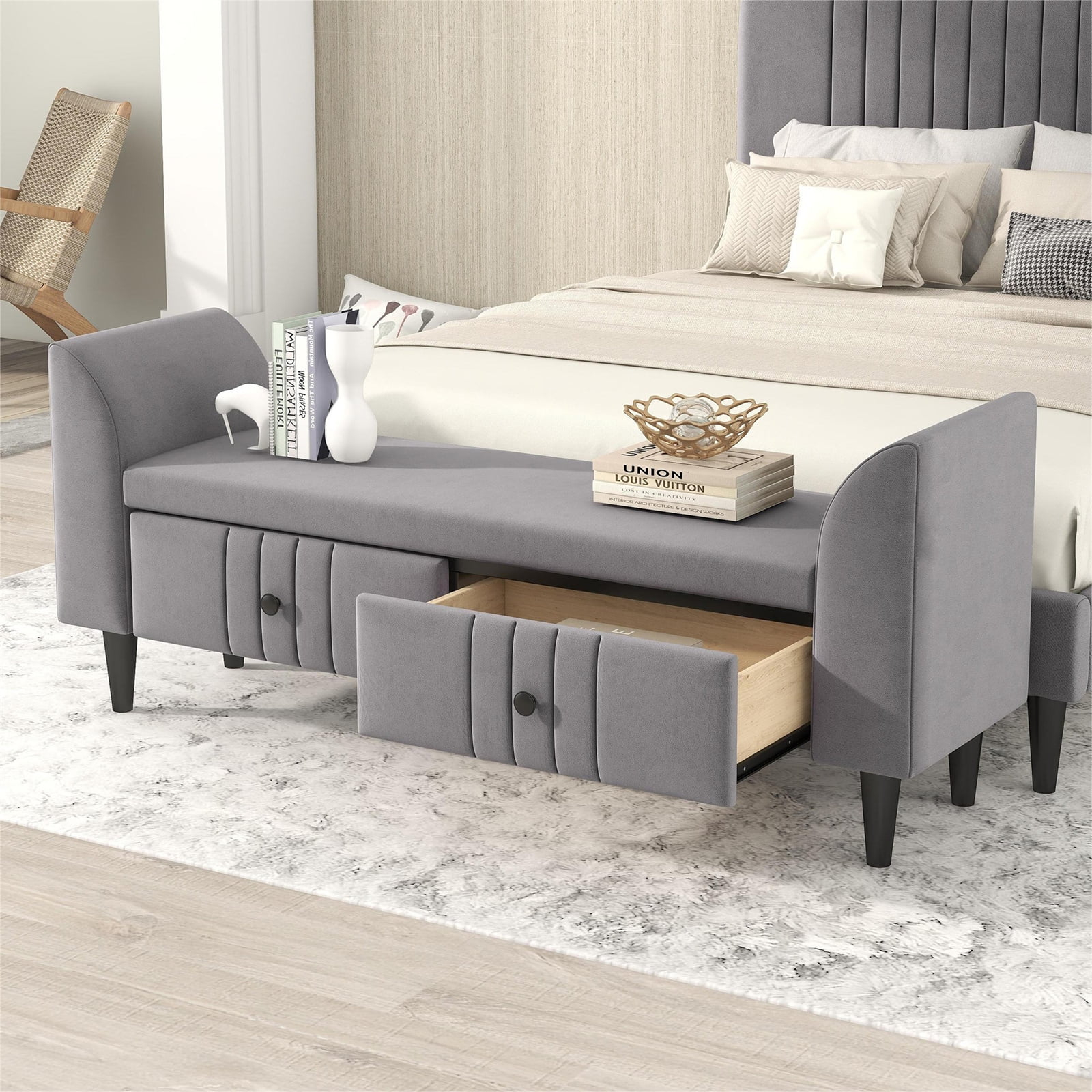 Upholstered Storage Ottoman Bench With 2 Drawers, Wooden Bedroom End Of ... throughout Upholstered End Of Bed Bench