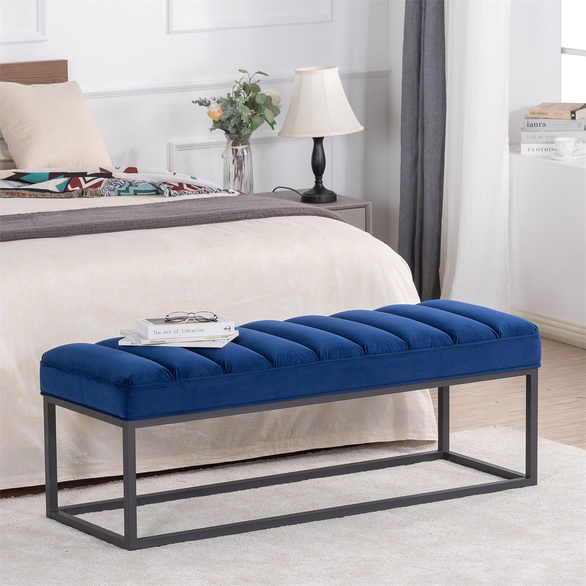 Upholstered Tufted Long Bench, Bedroom End Of Bed Bench, Velvet ... within Balancing style and function in modern upholstered end beds
