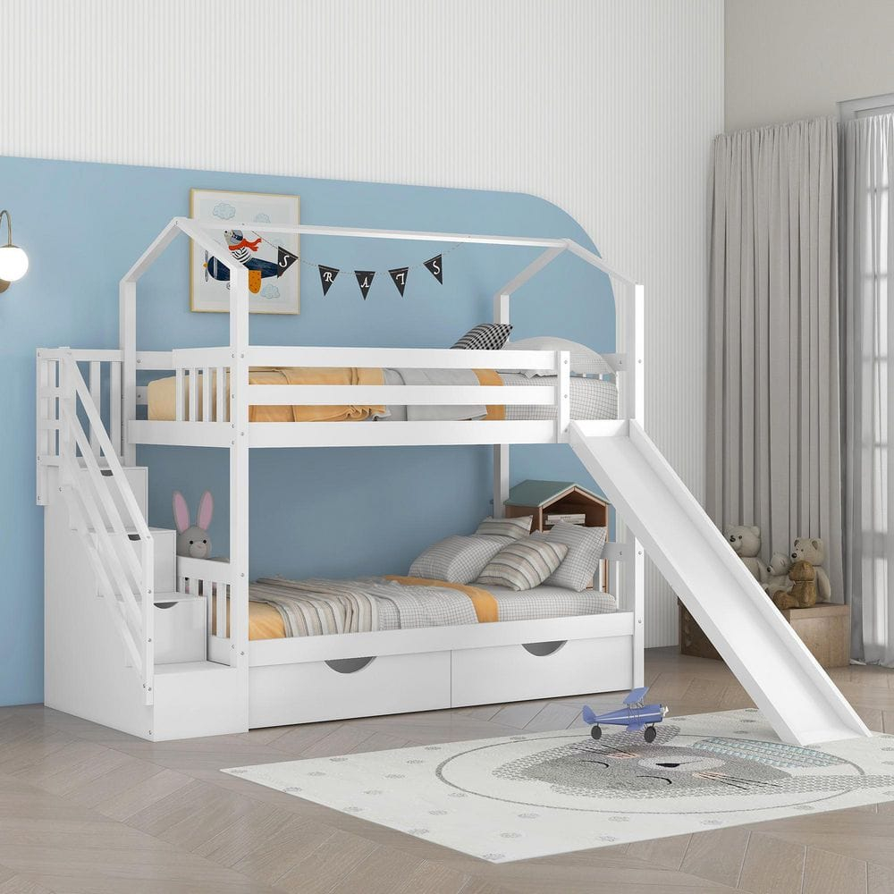 Urtr White Twin Bunk Beds With Slide, Twin Over Twin House Bunk Bed ... within White Bunk Bed With Stairs