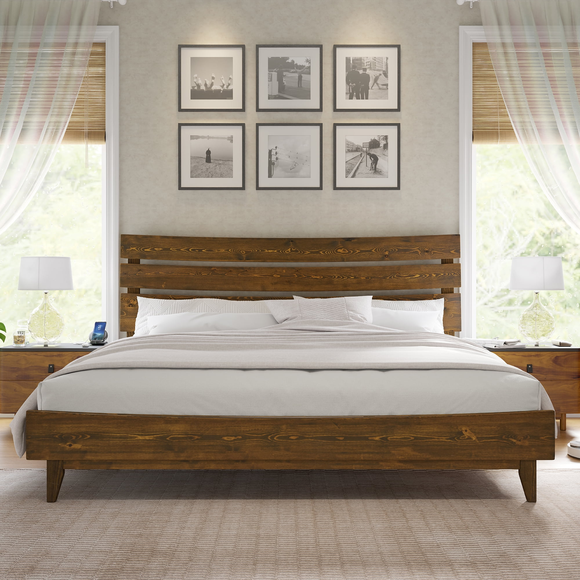 Vanacc King Size Solid Wood Bed Frame, Mid Century Platform Bed ... with How solid wood construction affects the longevity of california king bed frames