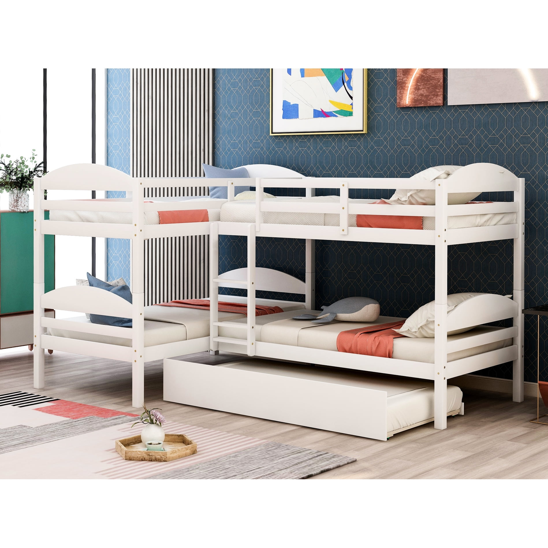 White Twin L-Shaped Bunk Bed With Trundle. Strong Solid Wood Structure ... in White Bunk Bed With Trundle