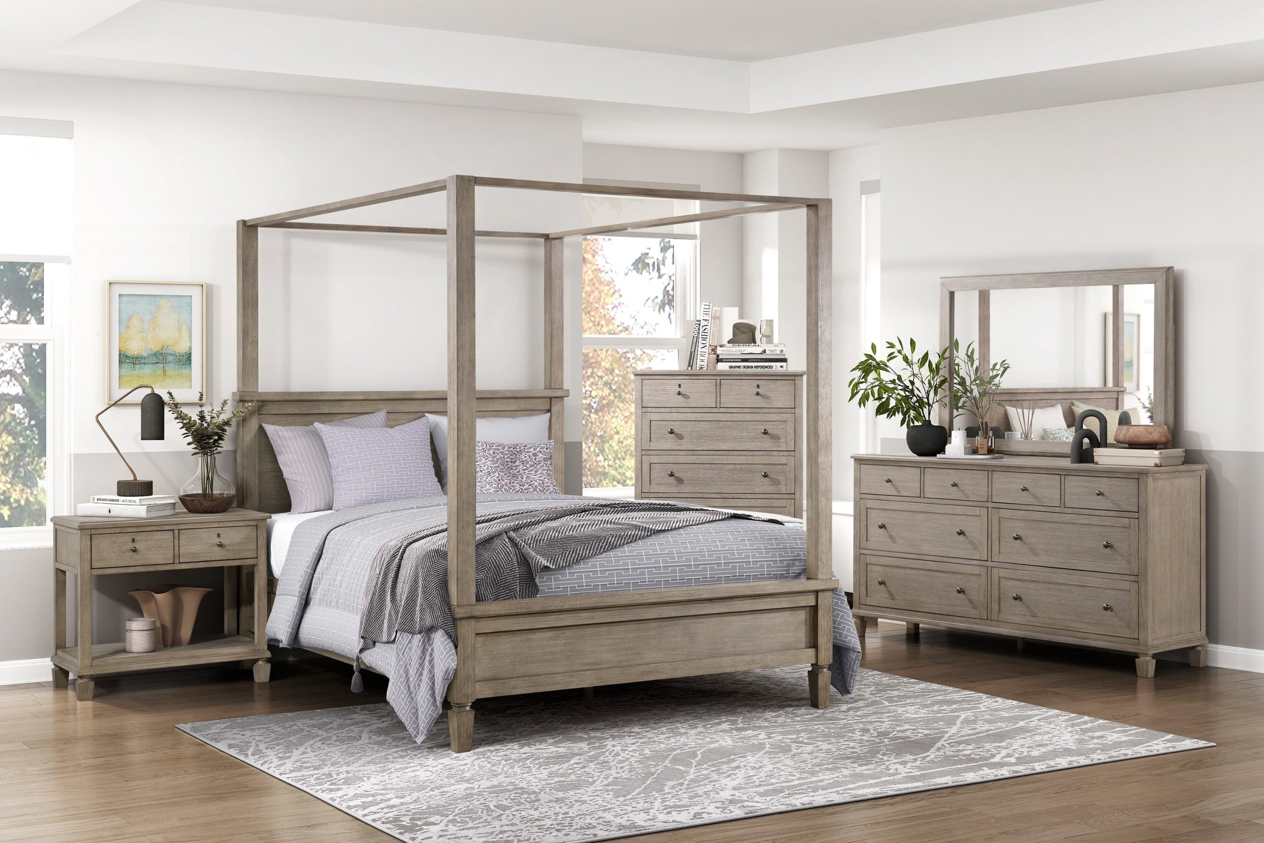6Pc Master Bedroom King Size Canopy Bed Set Gray Oak Finish Strong ... intended for King Size Canopy Bed Sets