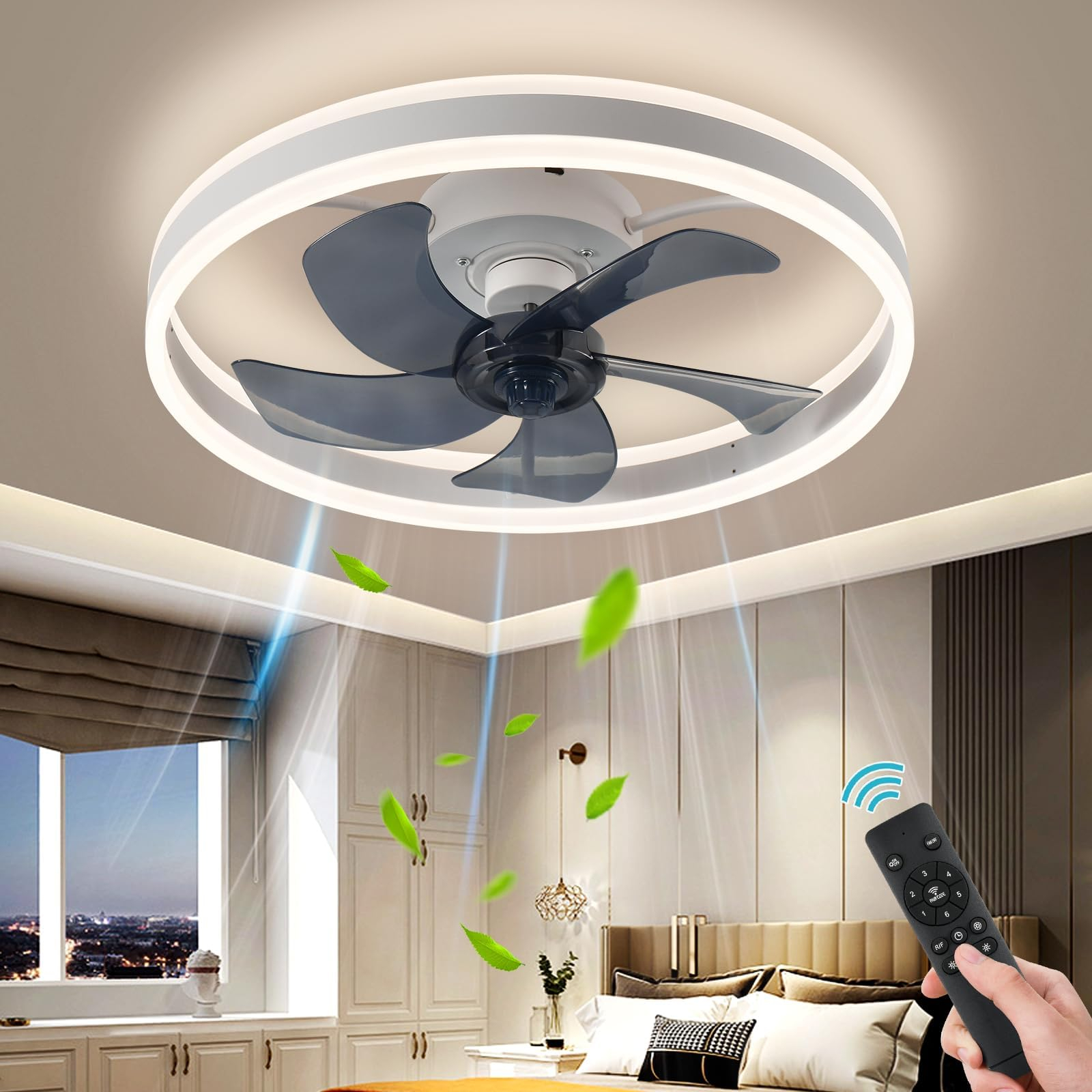 7Pm 20-Inch Low Profile Flush Mount Ceiling Fan With Remote Control Led ... inside Low Profile Bedroom Ceiling Fan