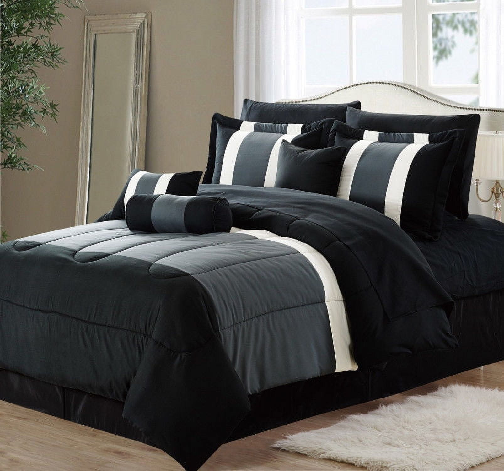 8-Piece Oversized Microfiber Black & Gray Comforter Set With Sheet Set ... in How to Choose the Perfect Full Size Black Bed Set for Your Home