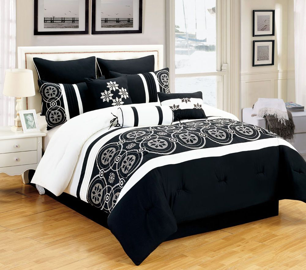 9 Piece Queen Tamara Black And White Comforter Set | Comforter Sets ... with regard to Black And White Floral Bedspread