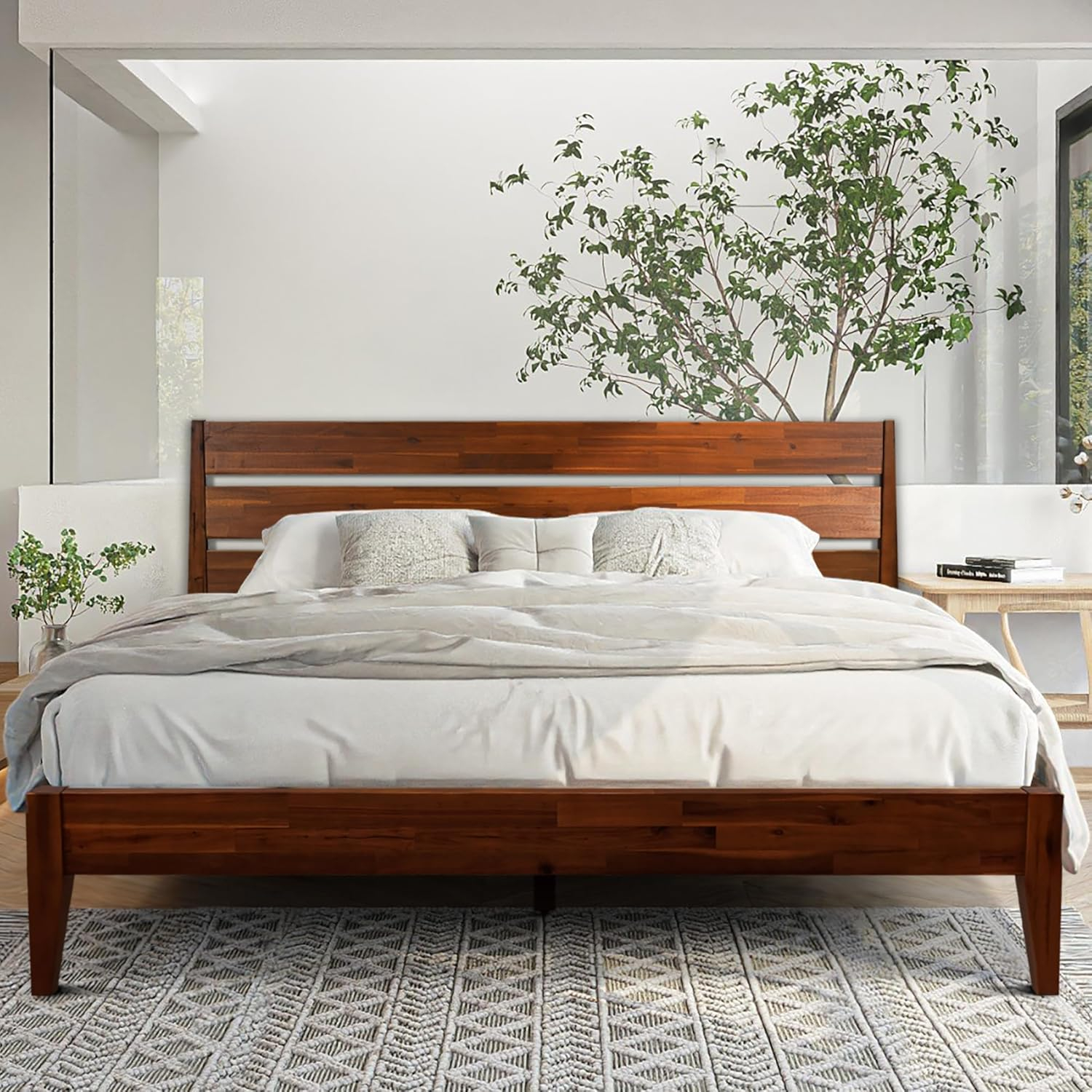 Acacia Emery Bed Frame With Headboard Solid Wood Platform Bed, King ... throughout Bed Frame For King Mattress