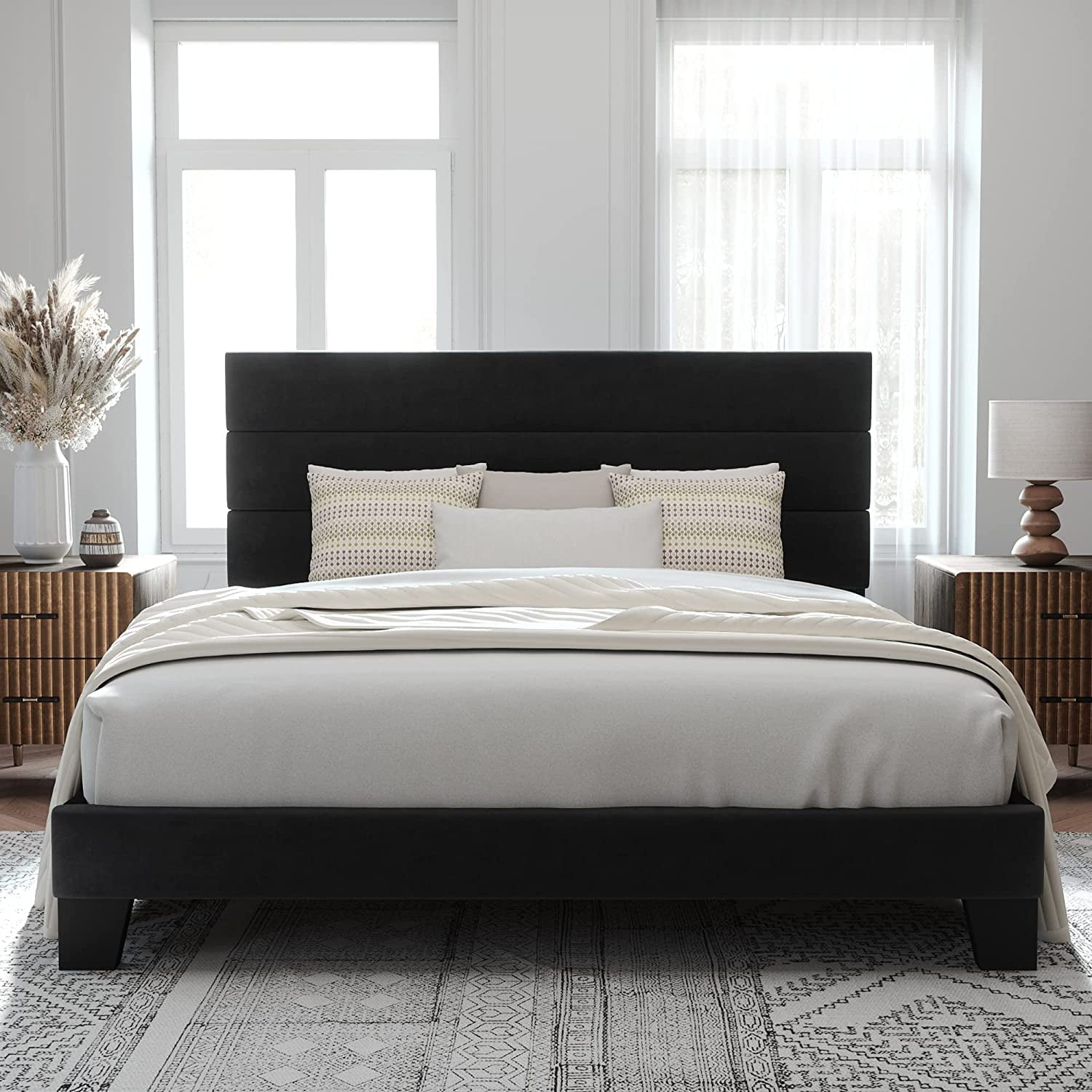 Allewie King Size Platform Bed Frame With Velvet Headboard/Fully ... pertaining to Why black velvet king size bed frames represent the pinnacle of bedroom sophistication