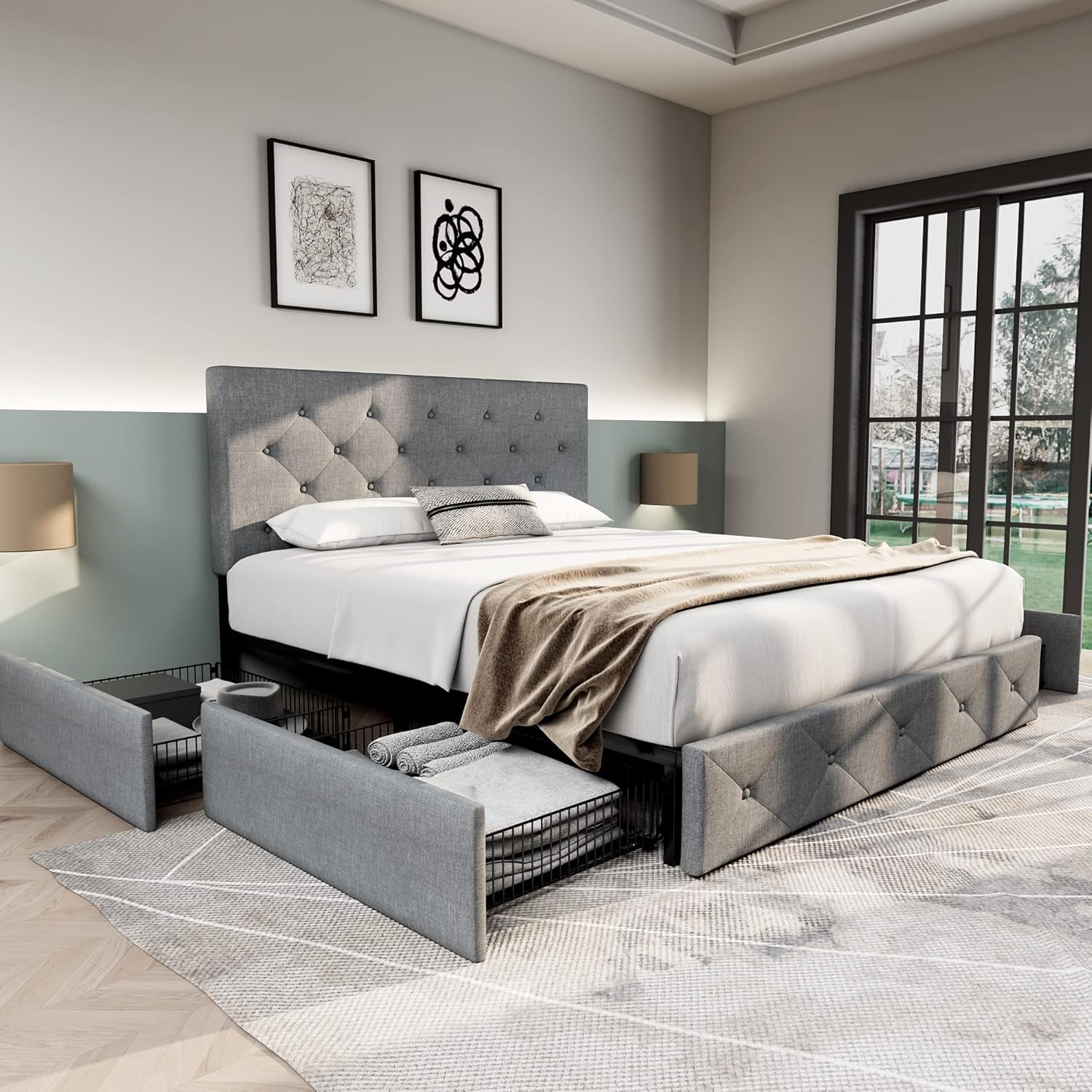Allewie Upholstered Queen Size Platform Bed Frame With 4 Storage ... regarding Queen platform bed with storage drawers and compartments
