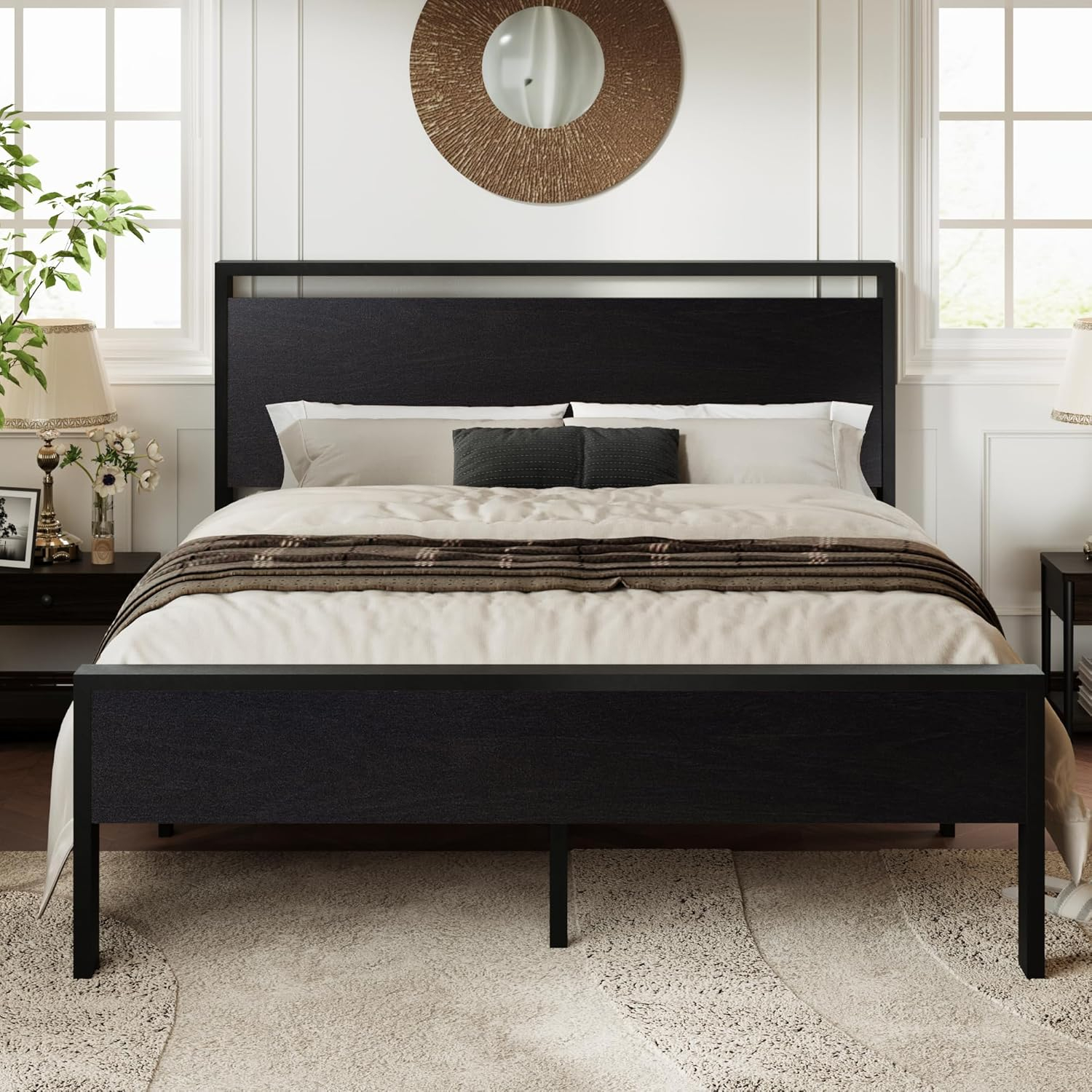 Amazon.com: Allewie Queen Size Platform Bed Frame With Wooden Headboard ... intended for Black Bed Frame Queen With Headboard