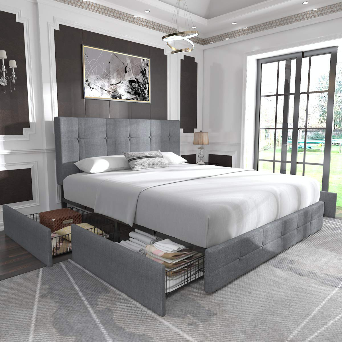 Amazon.com: Allewie Upholstered Queen Size Platform Bed Frame With 4 ... regarding Platform Bed Queen With Storage