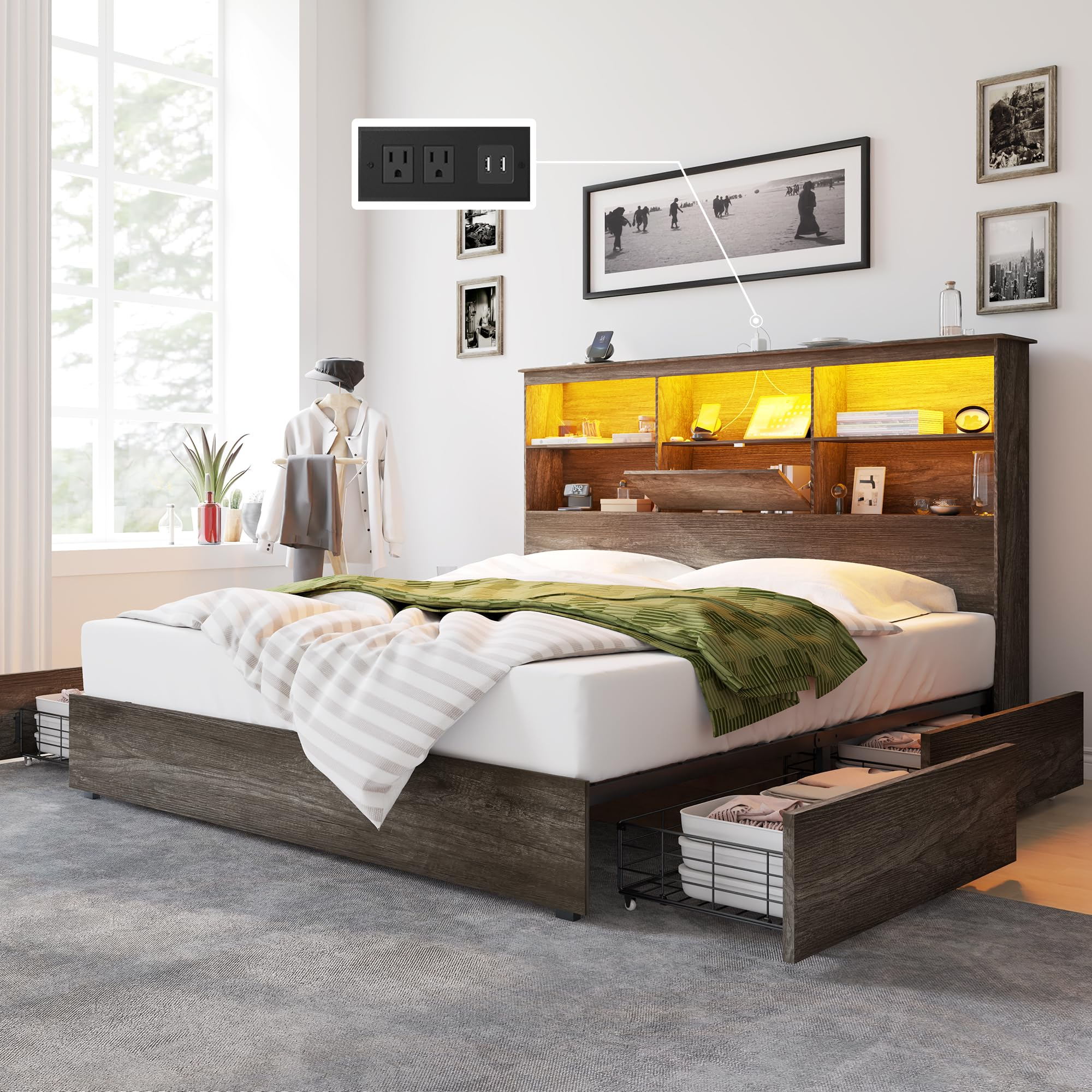 Amazon.com: Amerlife King Size Bed Frame Wooden Platform Bed With 51.2 ... in Everything You Need to Know About Platform King Storage Bed Design