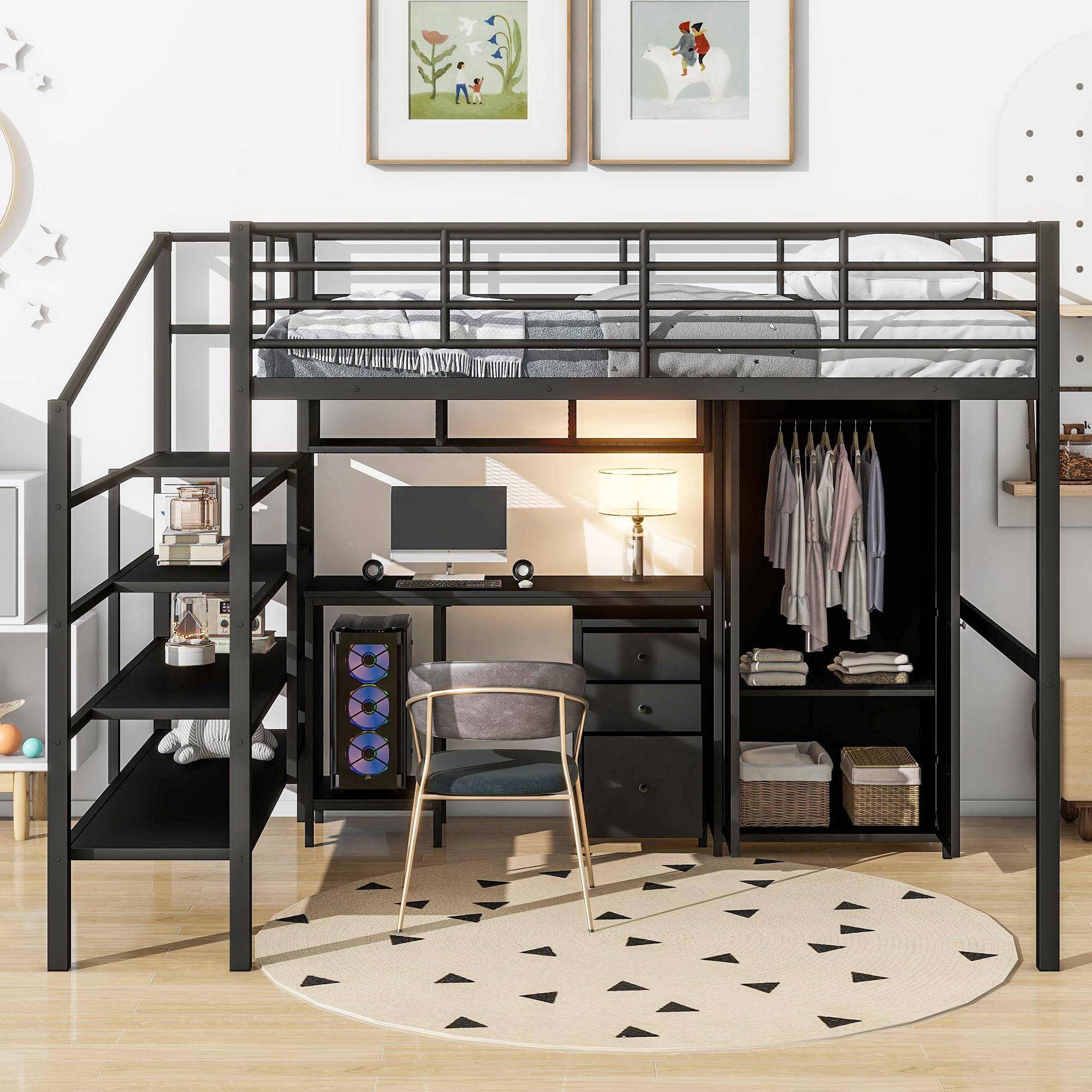 Amazon.com: Bellemave Full Loft Bed With Desk And Shelves, Loft Bed ... throughout Creative storage solutions using full loft bed stair designs