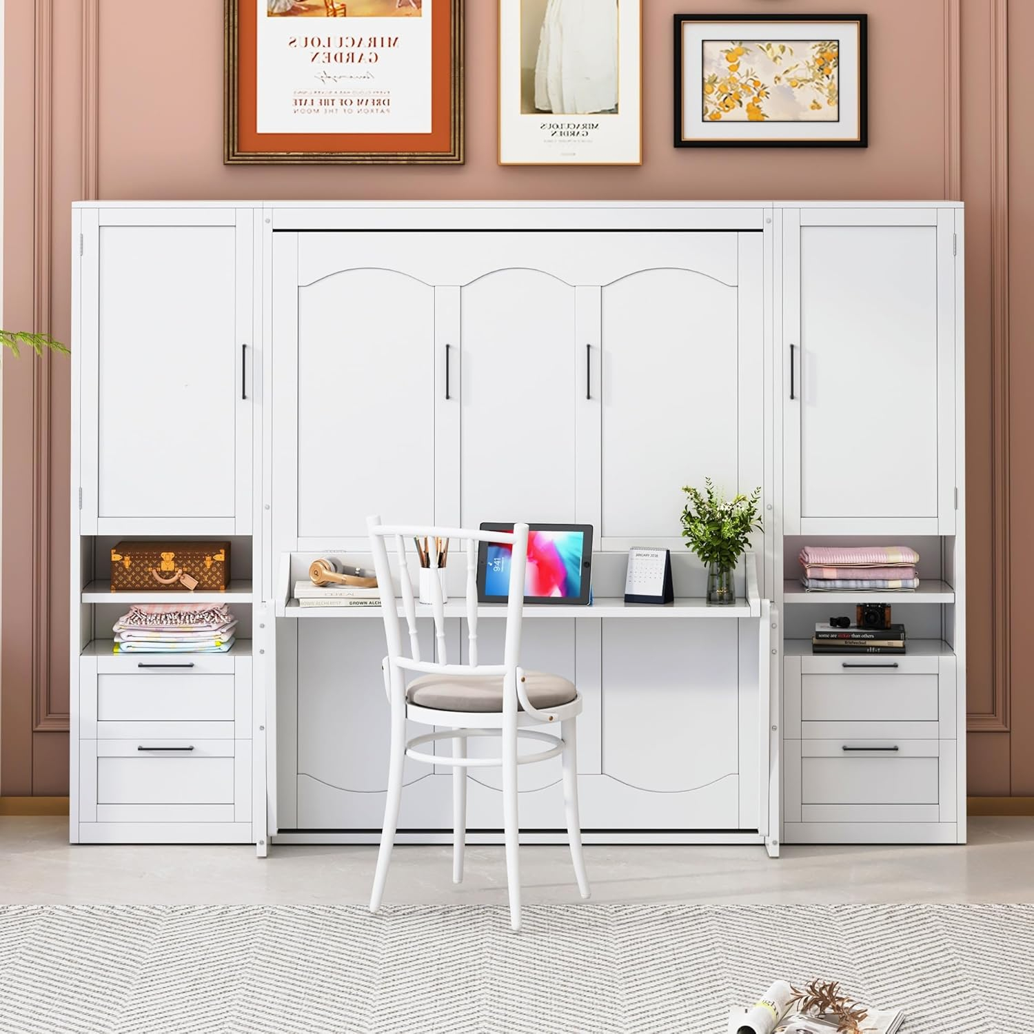 Amazon.com: Brabrety Queen Size Murphy Bed Wall Bed With Desk And ... in Queen Wall Bed With Desk