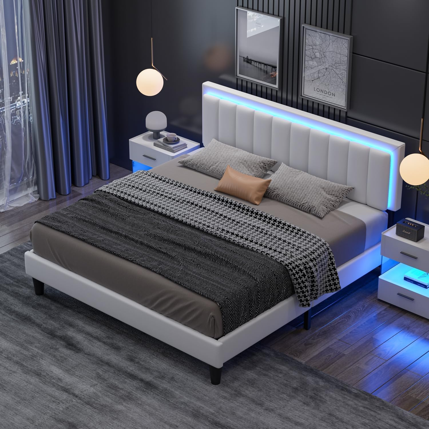 Amazon.com: Chabuildreark King Size Bed Frame With Led Lights, Faux ... throughout Faux Leather King Bed Frame