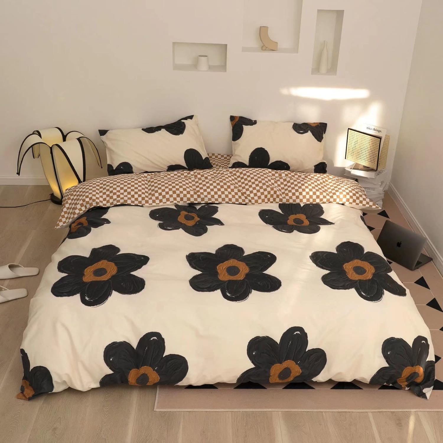 Amazon.com: Cottonight Black And White Comforter Set Full Black Floral ... throughout White And Black Floral Bedding