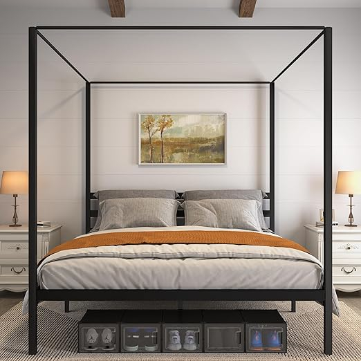 Amazon.com: Dwvo King Size Bed Frame, Black Metal Canopy Bed Frame With ... within Metal Canopy Bed Frame King