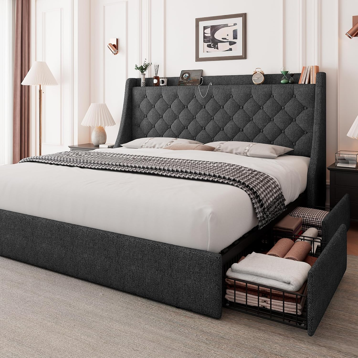 Amazon.com: Feonase King Size Bed Frame With 4 Storage Drawers ... within King Size Bed On Clearance
