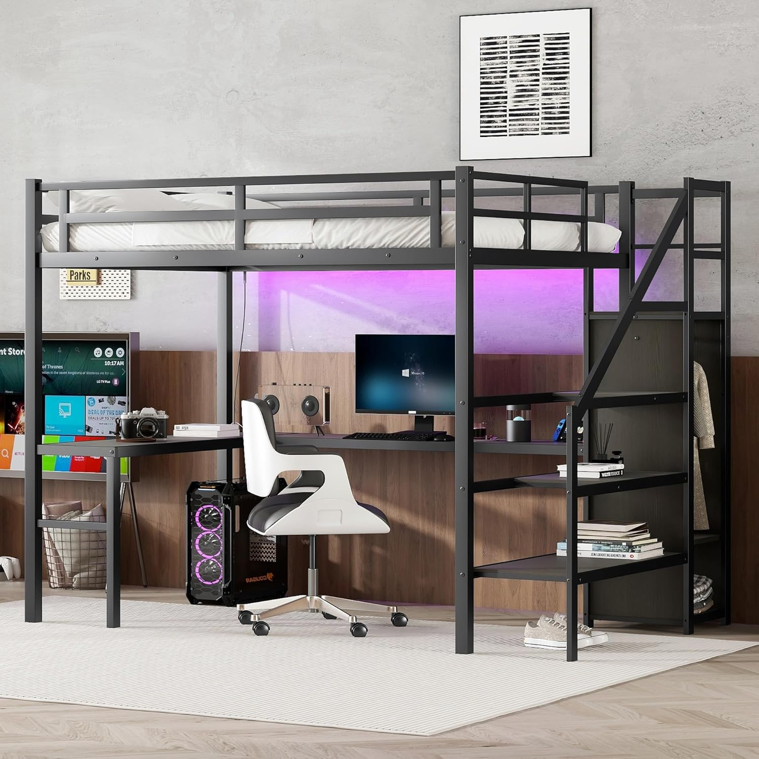 Amazon.com: Full Xl Size Metal Loft Bed With Desk And Wardrobe,Heavy ... intended for Creative storage solutions using full loft bed stair designs